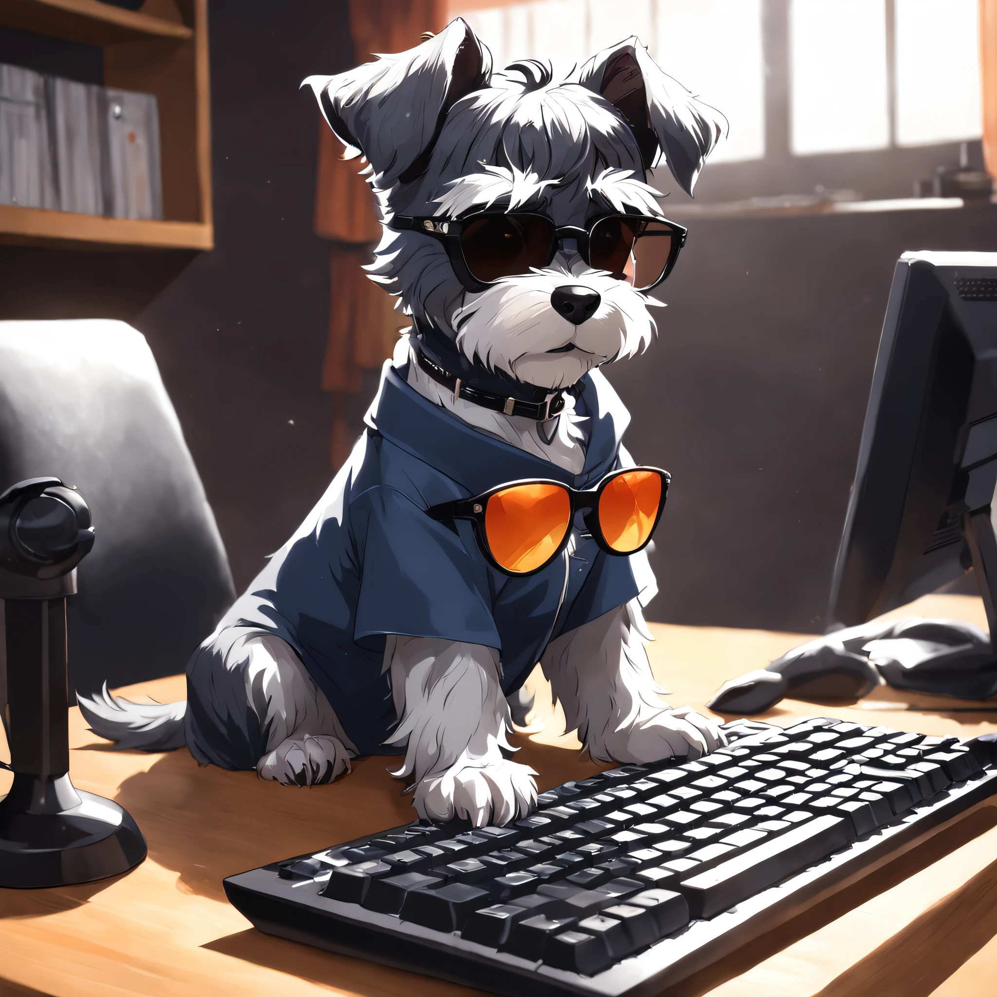 master part, um schnauzer, estilo matricial, casaco Preto, digitando num teclado, sentado em uma cadeira na frente do PC, sun glasses, Dynamic angle, best quality, 4k,