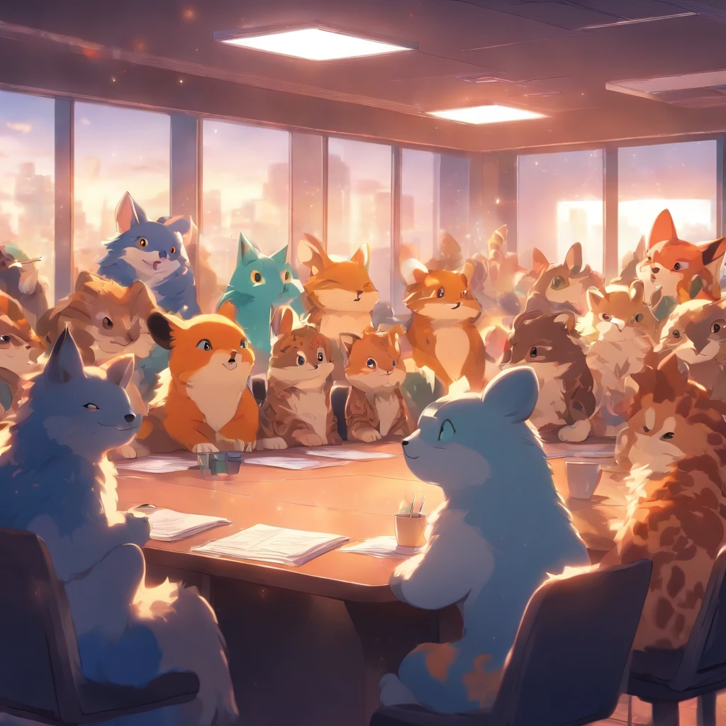 Cute animal gathering in a meeting room