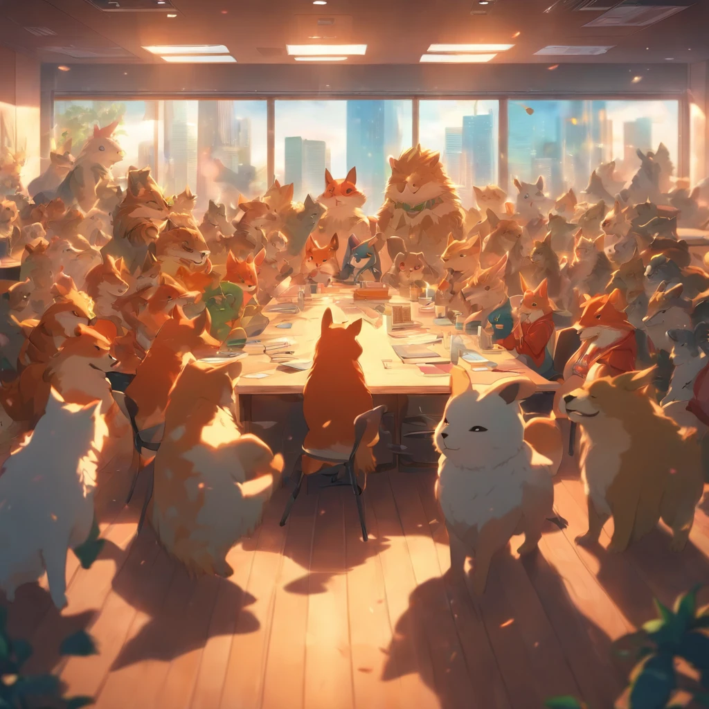 Cute animal gathering in a meeting room