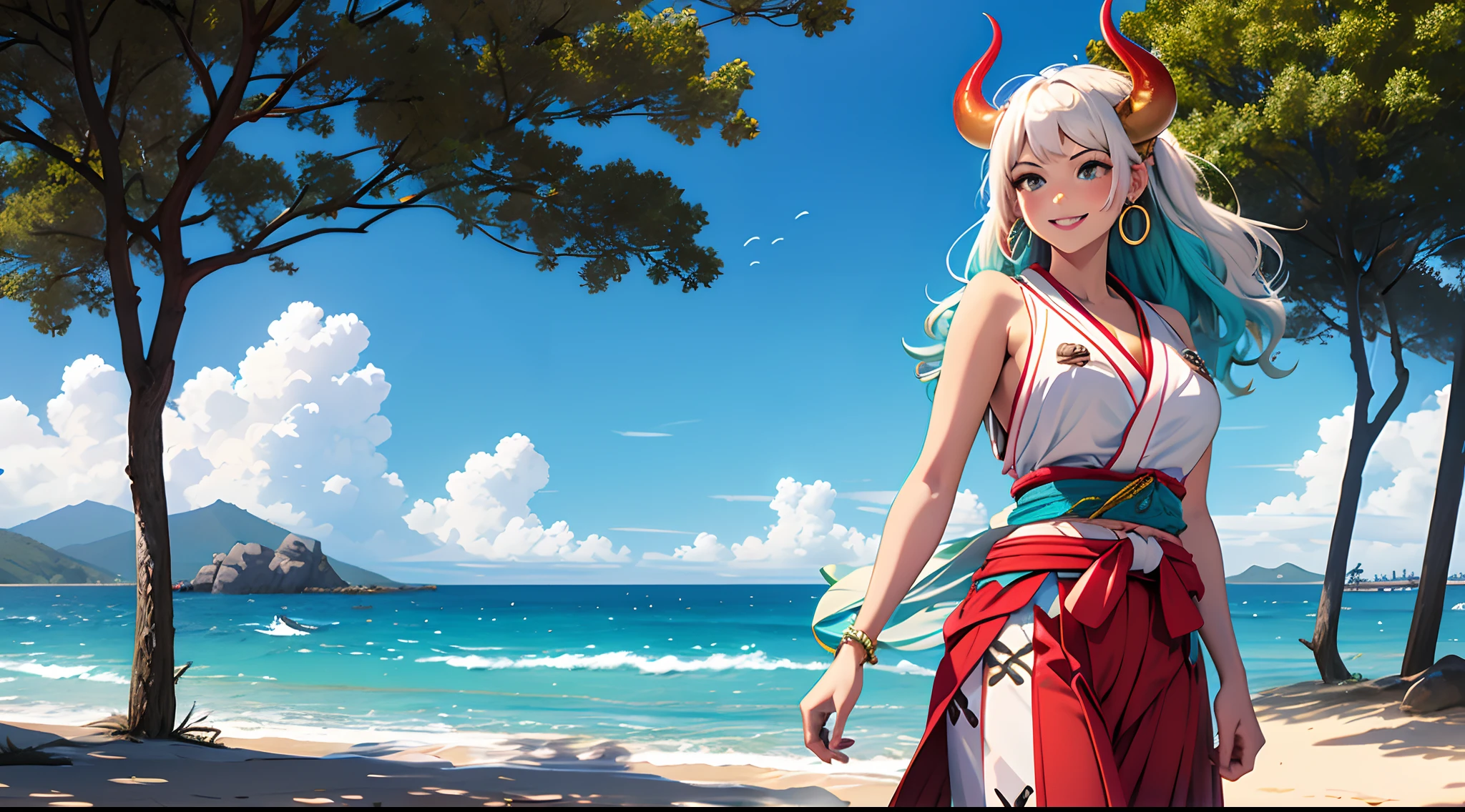 Masterpiece, ((Ultra detailed backgrounds, Delicate pattern, Intricate High Details)), (highly detailed, finedetail), Best quality,Beautiful lighting, (((mediuml breasts, lean girl, Very thin girl))), (cow boy shot), Yamato V2, Long hair, 1girll, banya, whaite hair, Tik, their, Red horns, Spiral horn, hair adornments, (multicolored horns), jewely, Earrings, Japanese clothes, komono, hair stick, Sleeveless, Bare shoulders, aqua hair, side locks, hoop earings, hakama, ssmile, Hefty Smile, beachside,the sea,the trees