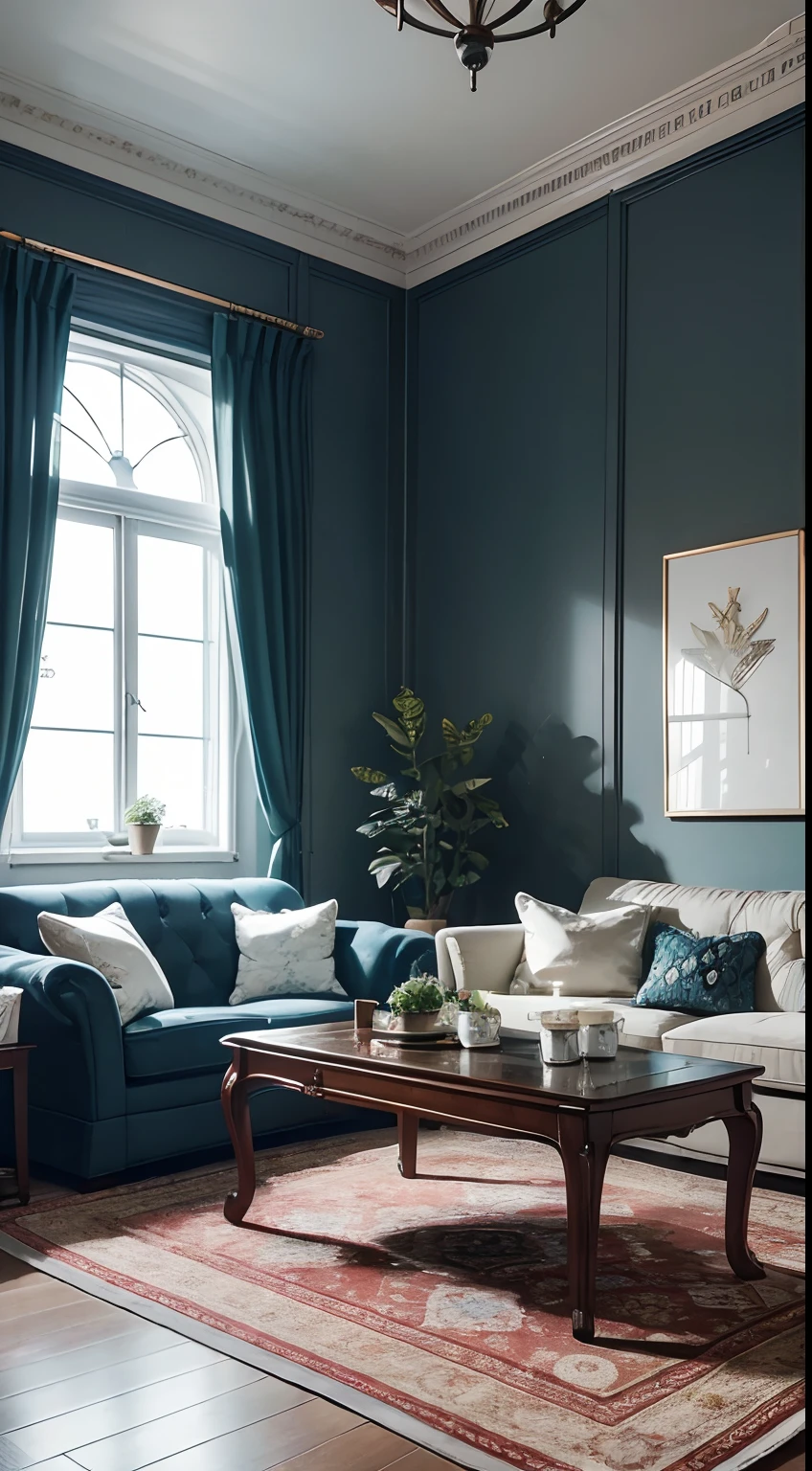 tmasterpiece，best qualtiy，（（best qualtiy）），（tmasterpiece），（realisticlying）（Bright colors：1.2），symetrical composition,Bright tones，No Man，Nordic decorative living room，sofe，Tea table，janelas，A plant，carpets，tvp，Fundo sala de estar