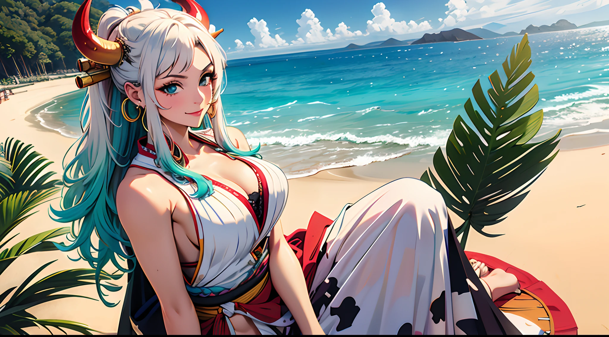 Masterpiece, ((Ultra detailed backgrounds, Delicate pattern, Intricate High Details)), (highly detailed, finedetail), Best quality,Beautiful lighting, (((mediuml breasts, lean girl, Very thin girl))), (cow boy shot), Yamato V2, Long hair, 1girll, banya, whaite hair, Tik, their, Red horns, Spiral horn, hair adornments, (multicolored horns), jewely, Earrings, Japanese clothes, komono, hair stick, Sleeveless, Bare shoulders, aqua hair, side locks, hoop earings, hakama, ssmile, Hefty Smile, beachside,the sea,the trees