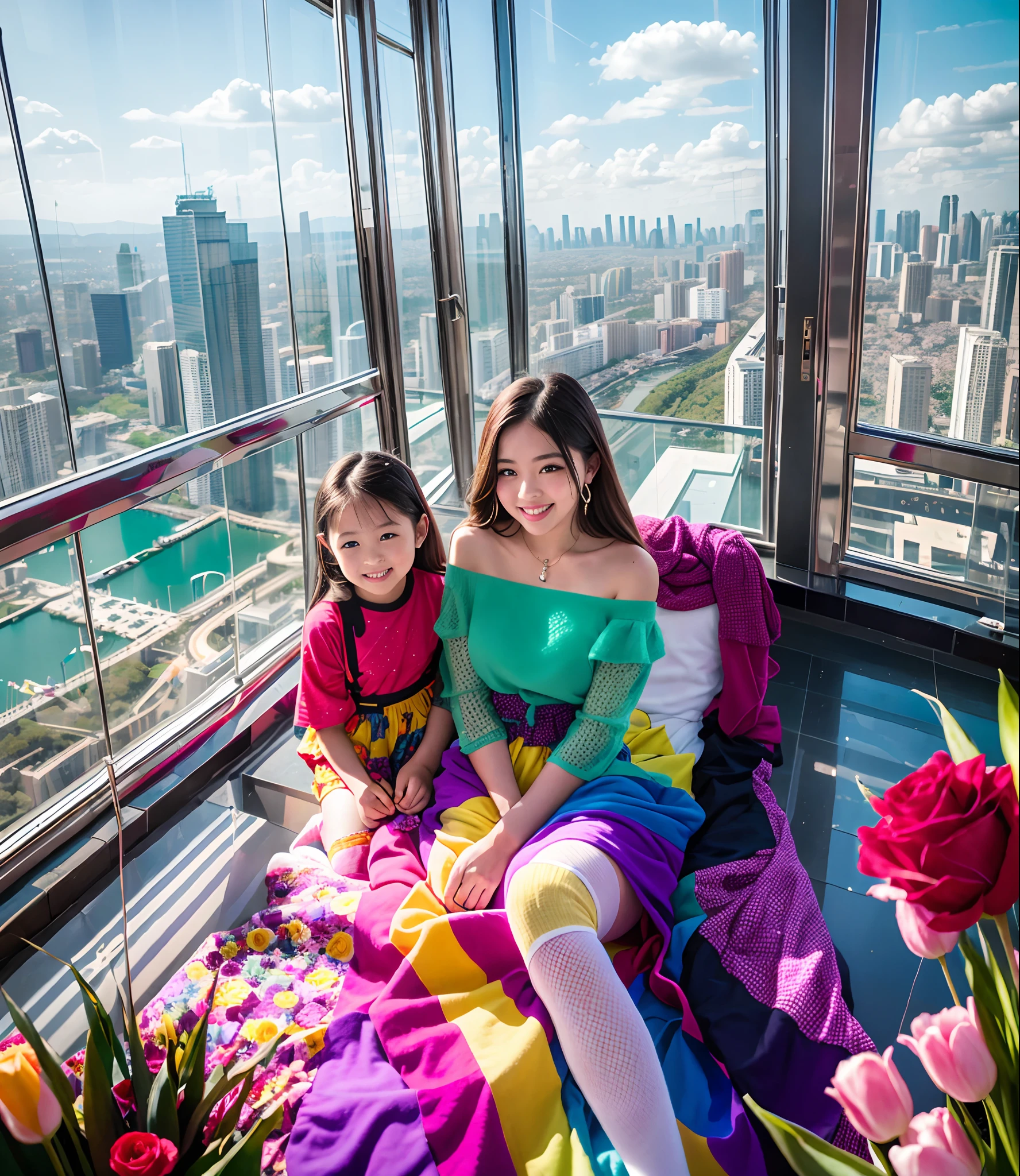 180th floor infinity pool，The tallest building in the urban forest，Around bonsai，Luo Han Song，coconut palms，tulips，Rose flower，Tease alpacas to play，There were five little girls wearing openwork translucent stockings，Pouting and smiling，is shy，Pinch your colorful hair, vivid vivid colors, multicolored clothing, Cut a tattered T-shirt, vibrant color details, Vibrant and dynamic, bright vibrant colors, multicolored clothing, rich and vivid colors, vivid vivid colors, Vivid and vibrant colors, vibrant tones, colorful outfit, colorful fashion, vivd colour, vivid and vibrant