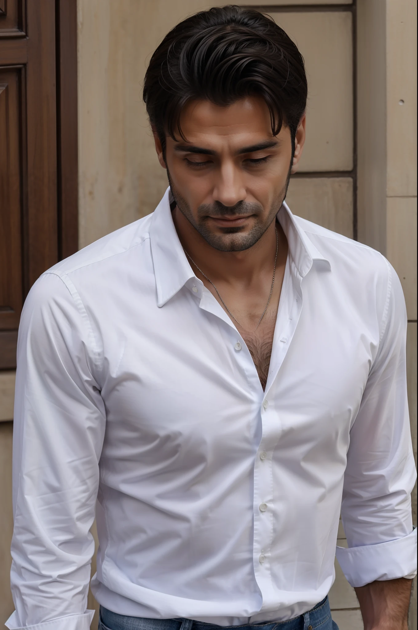 Uomo di 40 anni che indossa una camicia bianca