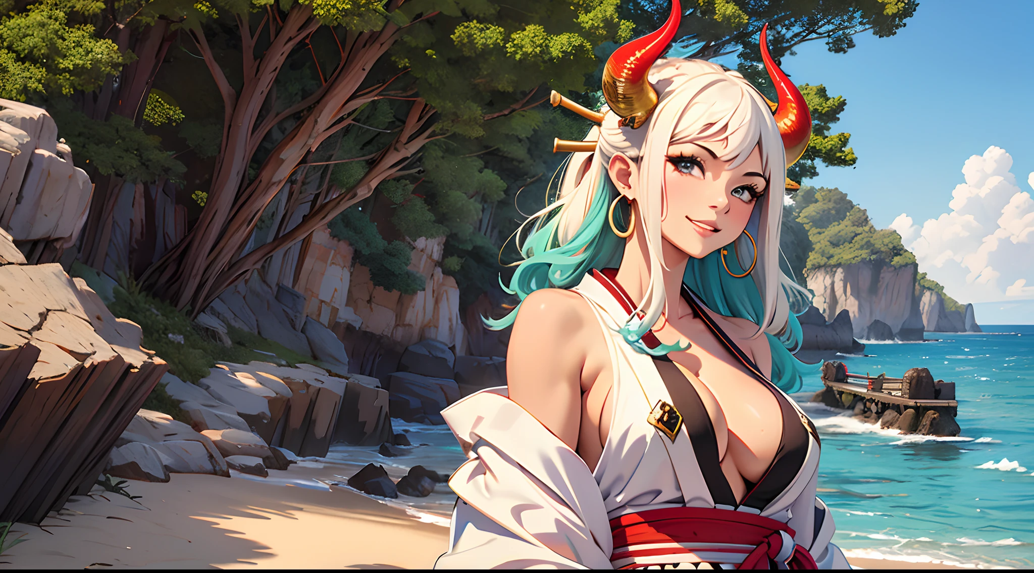Masterpiece, ((Ultra detailed backgrounds, Delicate pattern, Intricate High Details)), (highly detailed, finedetail), Best quality,Beautiful lighting, (((mediuml breasts, lean girl, Very thin girl))), (cow boy shot), Yamato V2, Long hair, 1girll, banya, whaite hair, Tik, their, Red horns, Spiral horn, hair adornments, (multicolored horns), jewely, Earrings, Japanese clothes, komono, hair stick, Sleeveless, Bare shoulders, aqua hair, side locks, hoop earings, hakama, ssmile, Hefty Smile, beachside,the sea,the trees