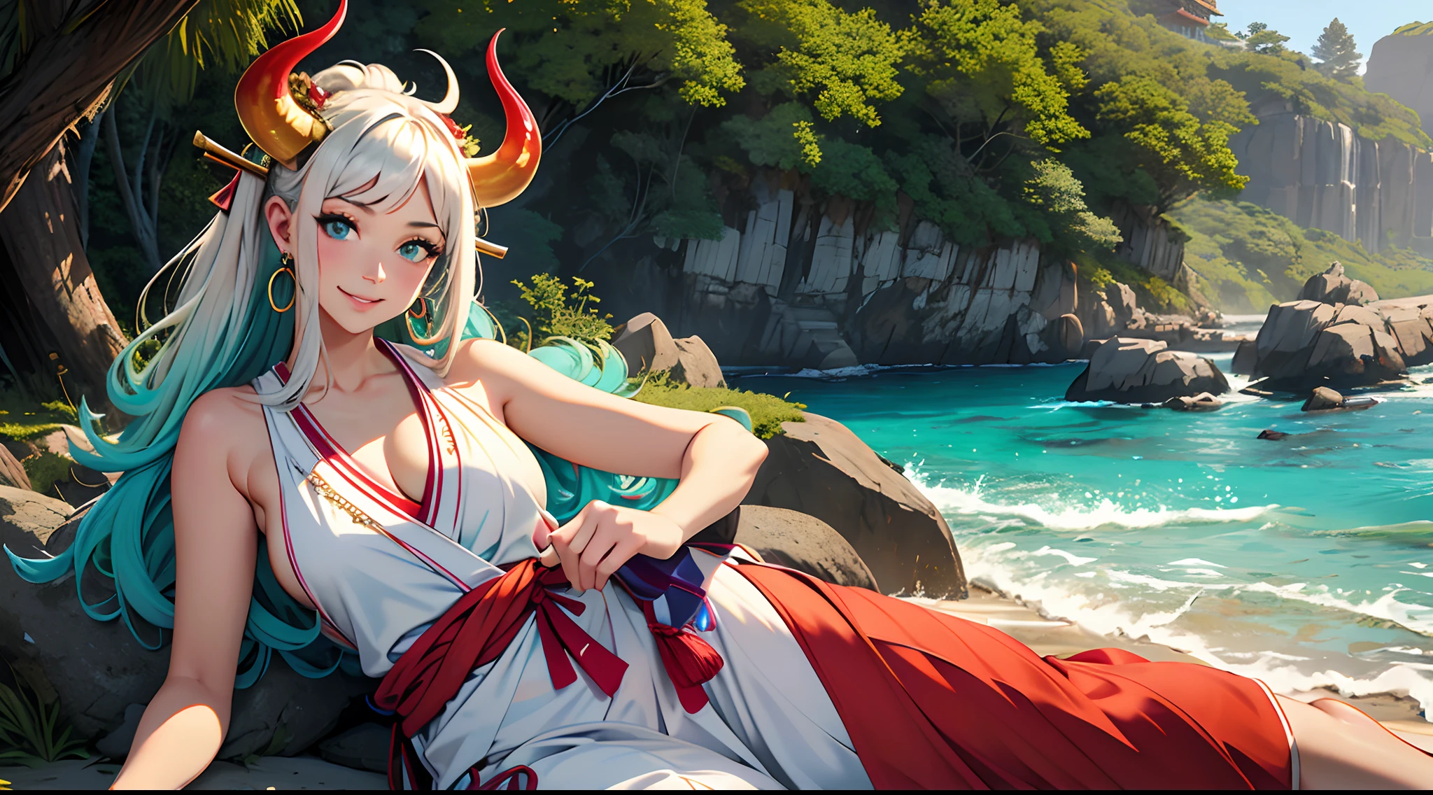 Masterpiece, ((Ultra detailed backgrounds, Delicate pattern, Intricate High Details)), (highly detailed, finedetail), Best quality,Beautiful lighting, (((mediuml breasts, lean girl, Very thin girl))), (cow boy shot), Yamato V2, Long hair, 1girll, banya, whaite hair, Tik, their, Red horns, Spiral horn, hair adornments, (multicolored horns), jewely, Earrings, Japanese clothes, komono, hair stick, Sleeveless, Bare shoulders, aqua hair, side locks, hoop earings, hakama, ssmile, Hefty Smile, beachside,the sea,the trees