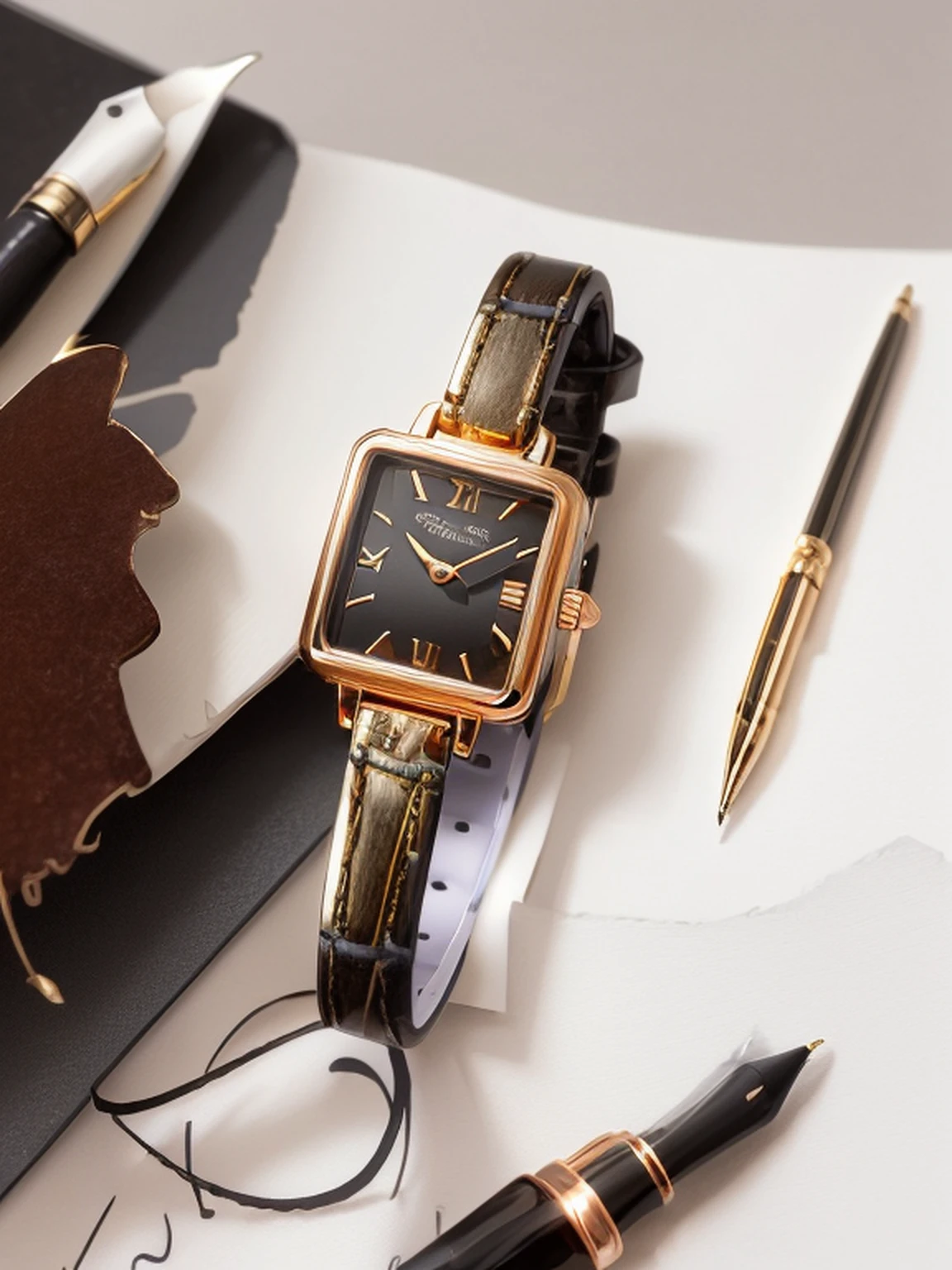 A watch and a pen on a piece of paper, H 576, h 7 0 4, h 7 6 8, H 768, h 9 6 0, detailed image, radiant, Serena, Tiffany, Sally, clarity, h 1 0 8 0, ivory and copper, elegant, irregular, coffee-colored), Tiffany-style, idyllic