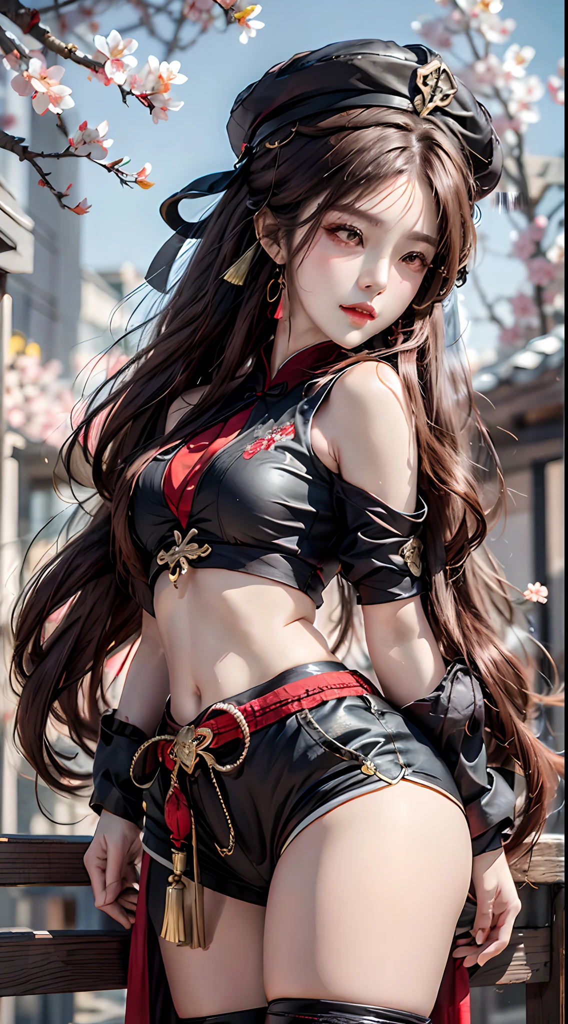 photorealistic, high resolution, 1women, mature female, solo, hips up, hu tao(genshin impact), hat, red eyes, twintails, brown hair, solo, long hair,bangs, black shorts , chinese clothes, cherry blossom