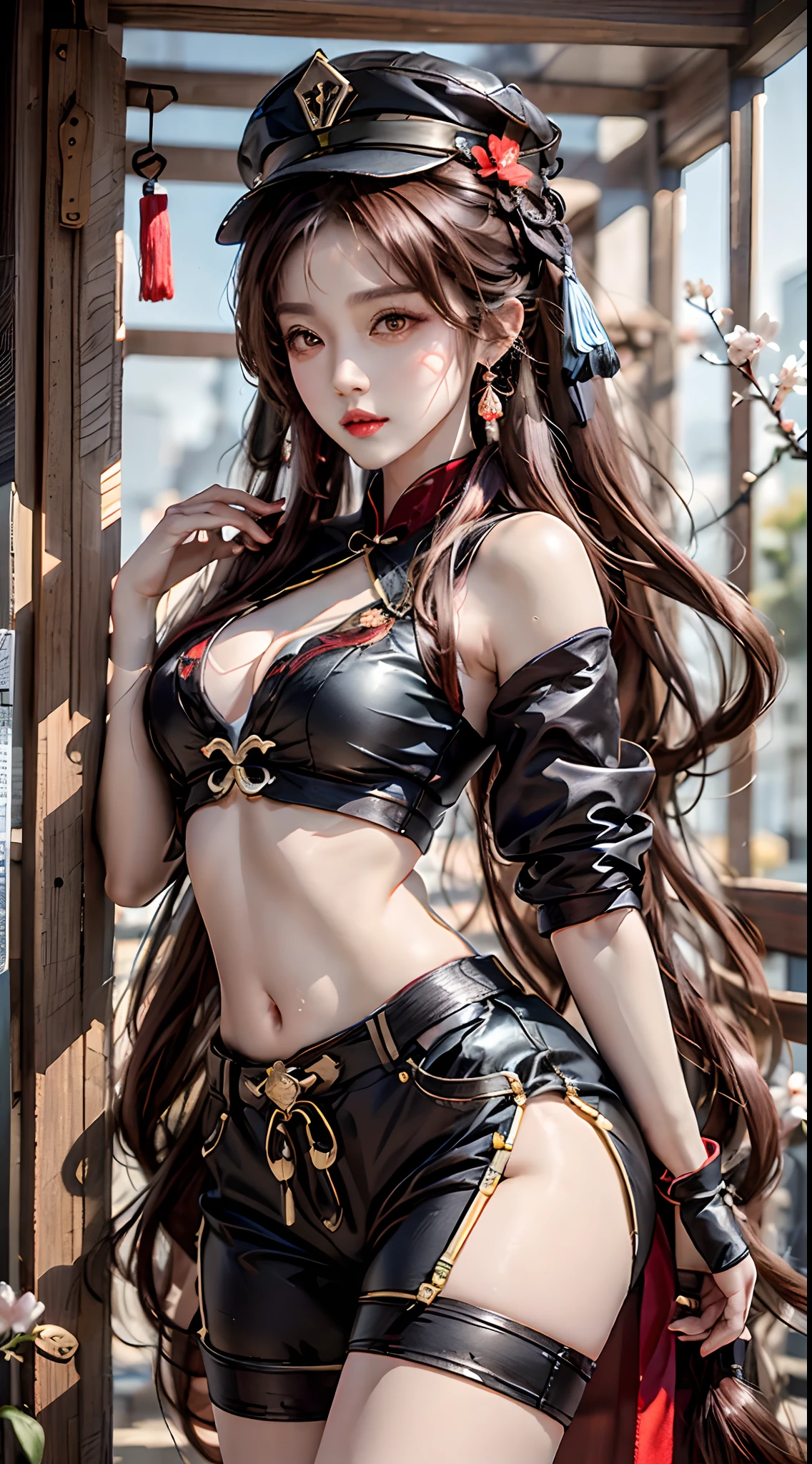 photorealistic, high resolution, 1women, mature female, solo, hips up, hu tao(genshin impact), hat, red eyes, twintails, brown hair, solo, long hair,bangs, black shorts , chinese clothes, cherry blossom