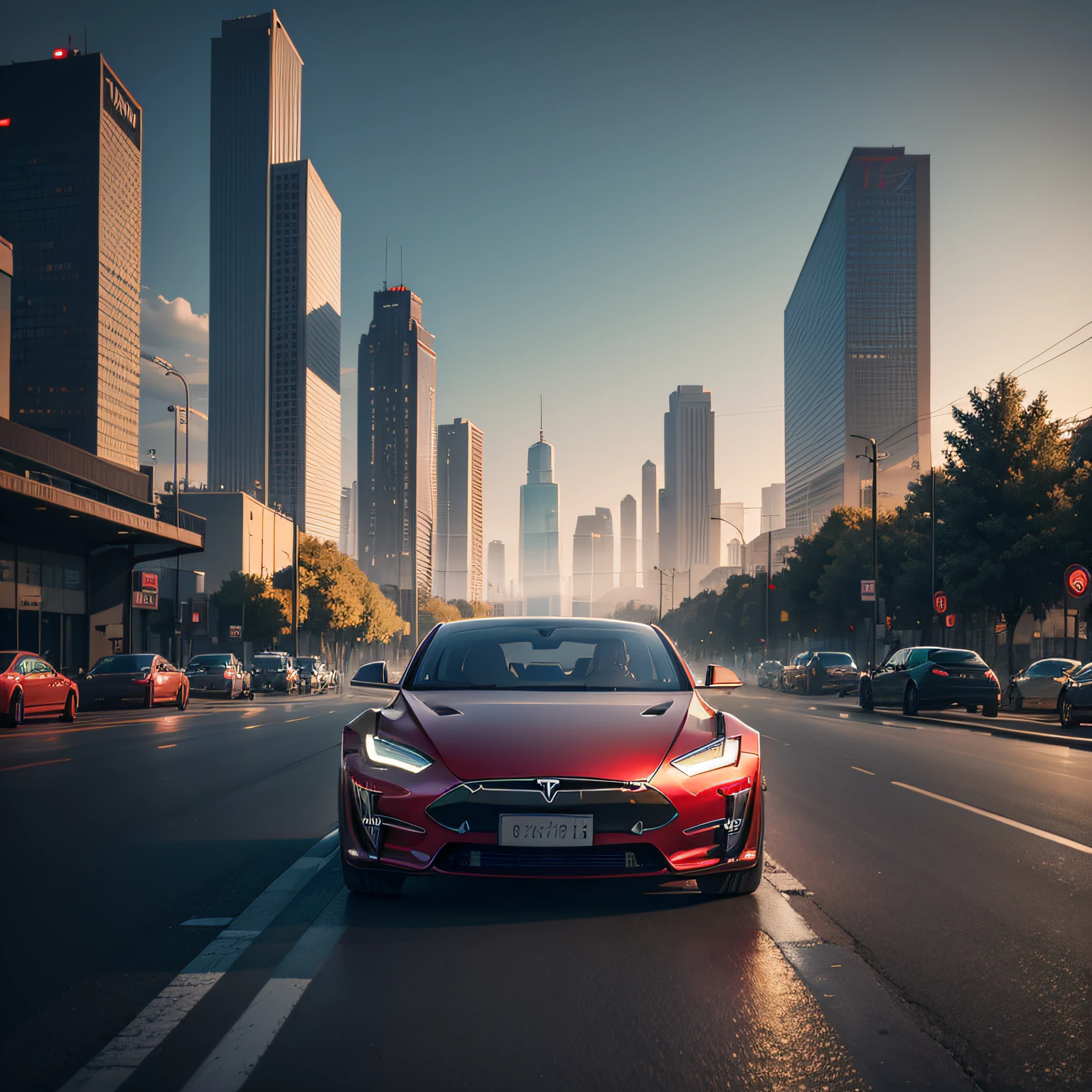 Cyberpunk-city, Tesla 3 body, Tesla logo, Tesla wheels, Drive on the road, Side, Ultra HD, High quality, High detail, Best quality, A high resolution, 4K, Masterpiece, Complementary colors, Poster effect, kanon, Atmospheric distance