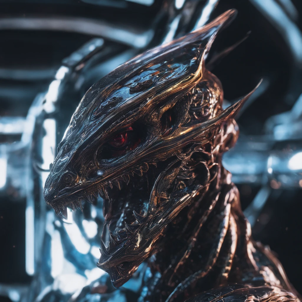 RAW photo, snake dragon wearing cyborg armor, spacestation, 8k uhd, dslr, soft lighting, high quality, film grain, Fujifilm XT3