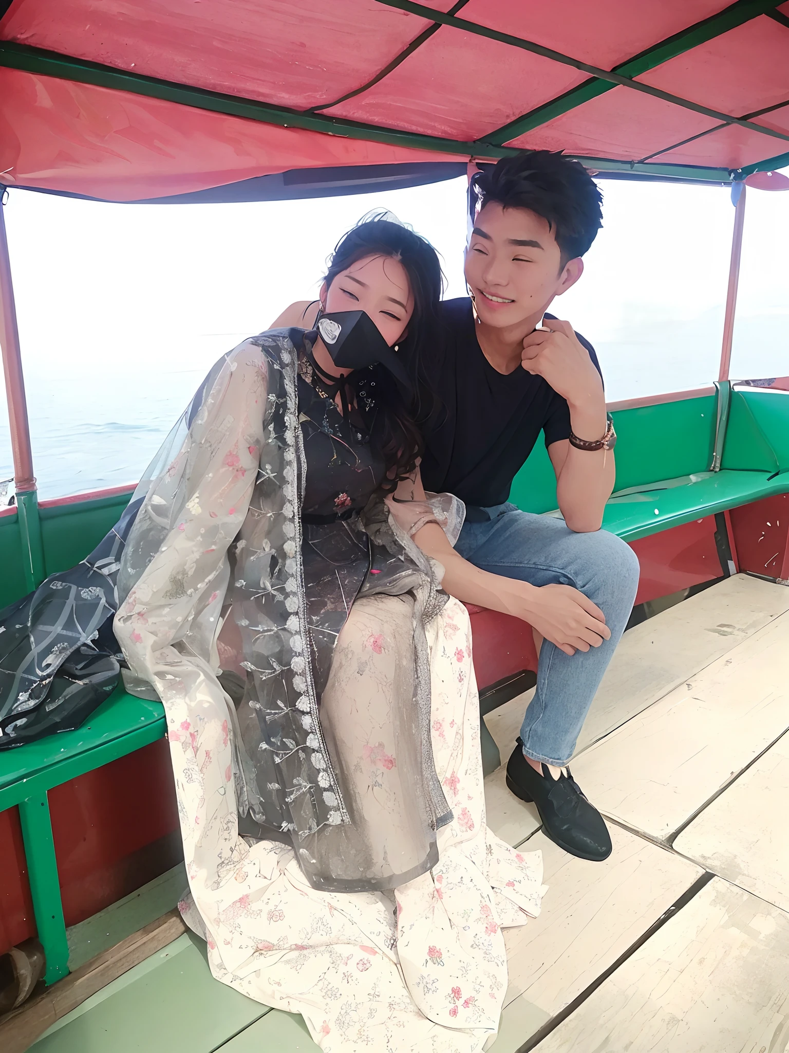 there is a man and woman sitting on a boat together, lovely couple, on a boat on a lake, on a boat, with lovely look, couple pose, in lake, romantic couple, candid picture, very very low quality picture, taken with the best dlsr camera, candid photography, on a lake, taken with sony alpha 9, connected with hanging bridge!!