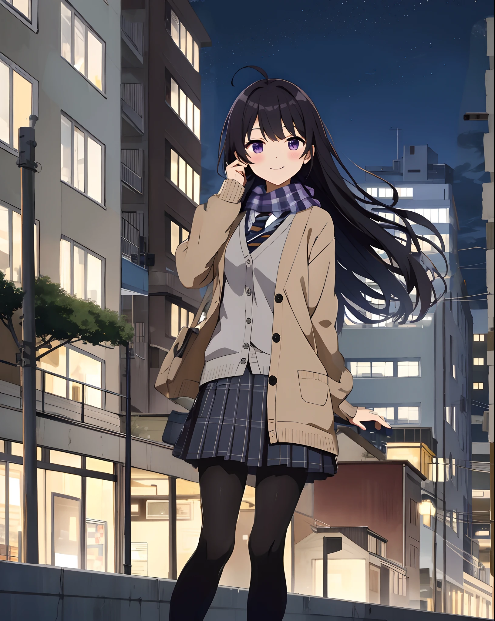 dark sky, small city background, anime scene