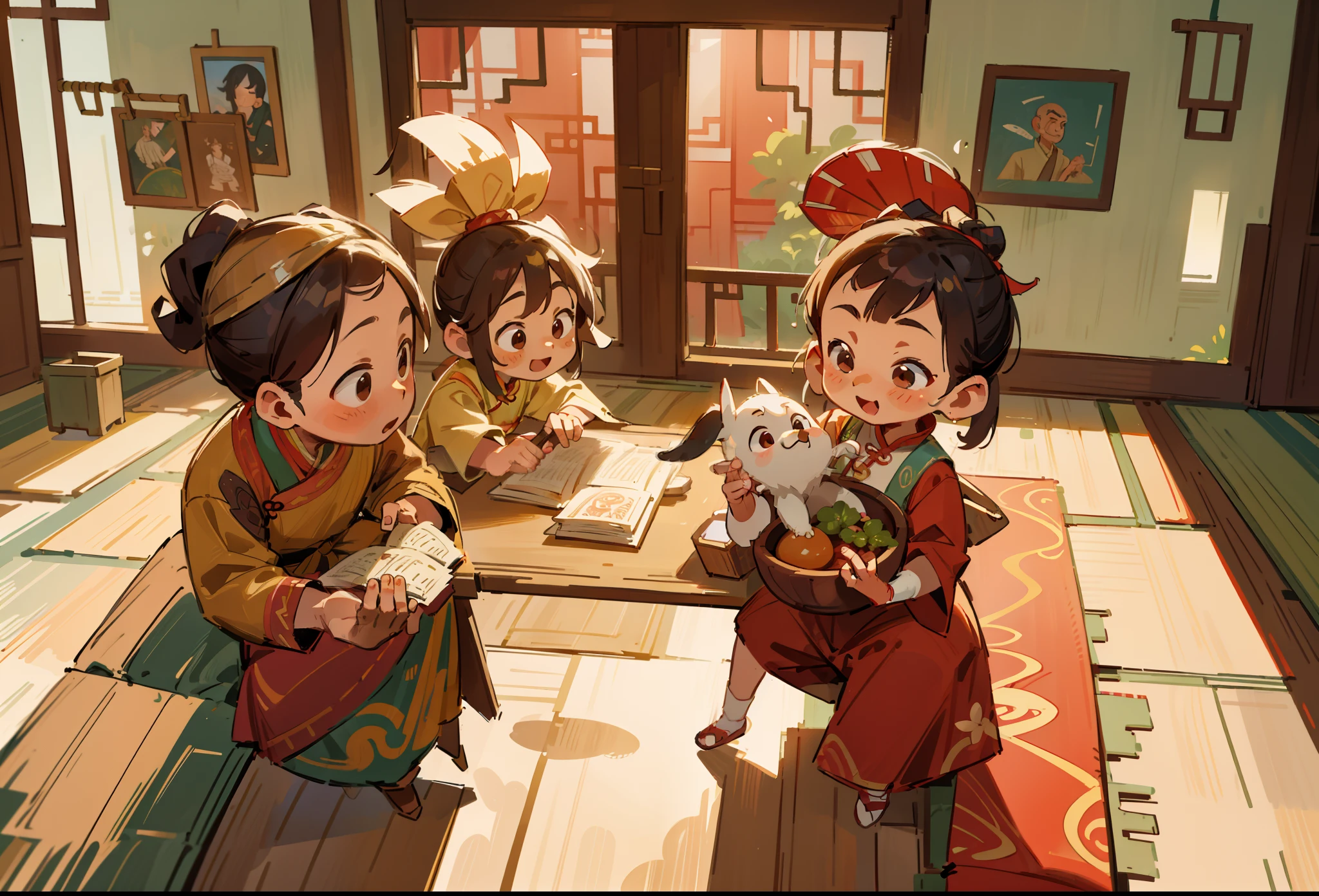 An ancient scene in a Chinese-style indoor setting. The image depicts a joyful atmosphere. The artwork is of perfect quality and has clear focus. It is a masterpiece with realistic and detailed elements. The image is high-res, with intricate details, especially on the skin, and sharp focus. The background is slightly blurred to create a sense of depth. The lighting is soft and warm, adding a cozy ambiance to the scene. The color palette consists of vibrant and rich tones, enhancing the overall beauty of the artwork.