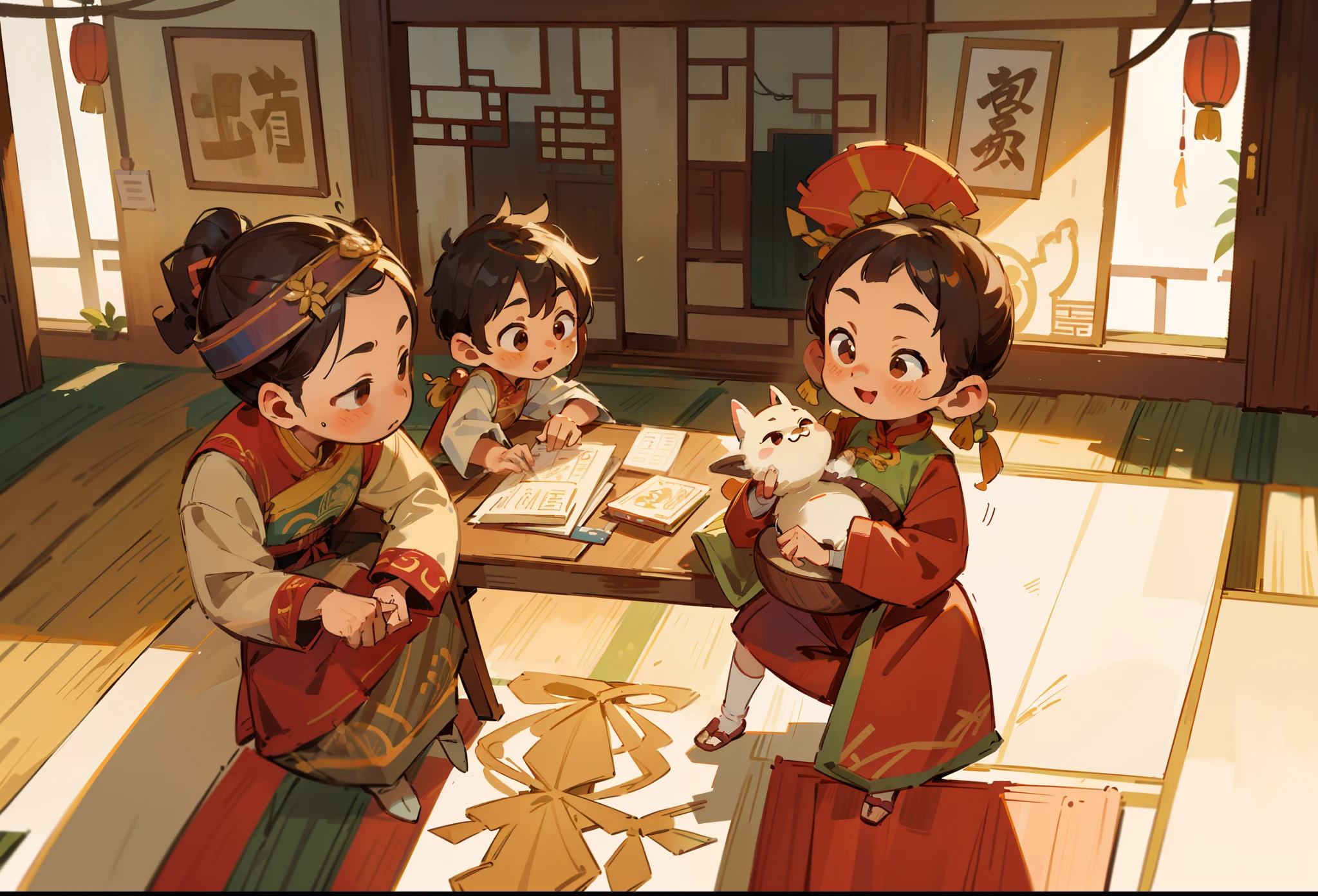 An ancient scene in a Chinese-style indoor setting. The image depicts a joyful atmosphere. The artwork is of perfect quality and has clear focus. It is a masterpiece with realistic and detailed elements. The image is high-res, with intricate details, especially on the skin, and sharp focus. The background is slightly blurred to create a sense of depth. The lighting is soft and warm, adding a cozy ambiance to the scene. The color palette consists of vibrant and rich tones, enhancing the overall beauty of the artwork.