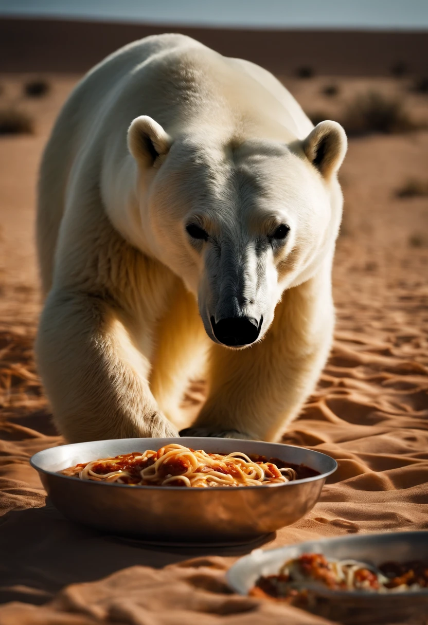 A polar bear eating spaghetti bolognese in a desert