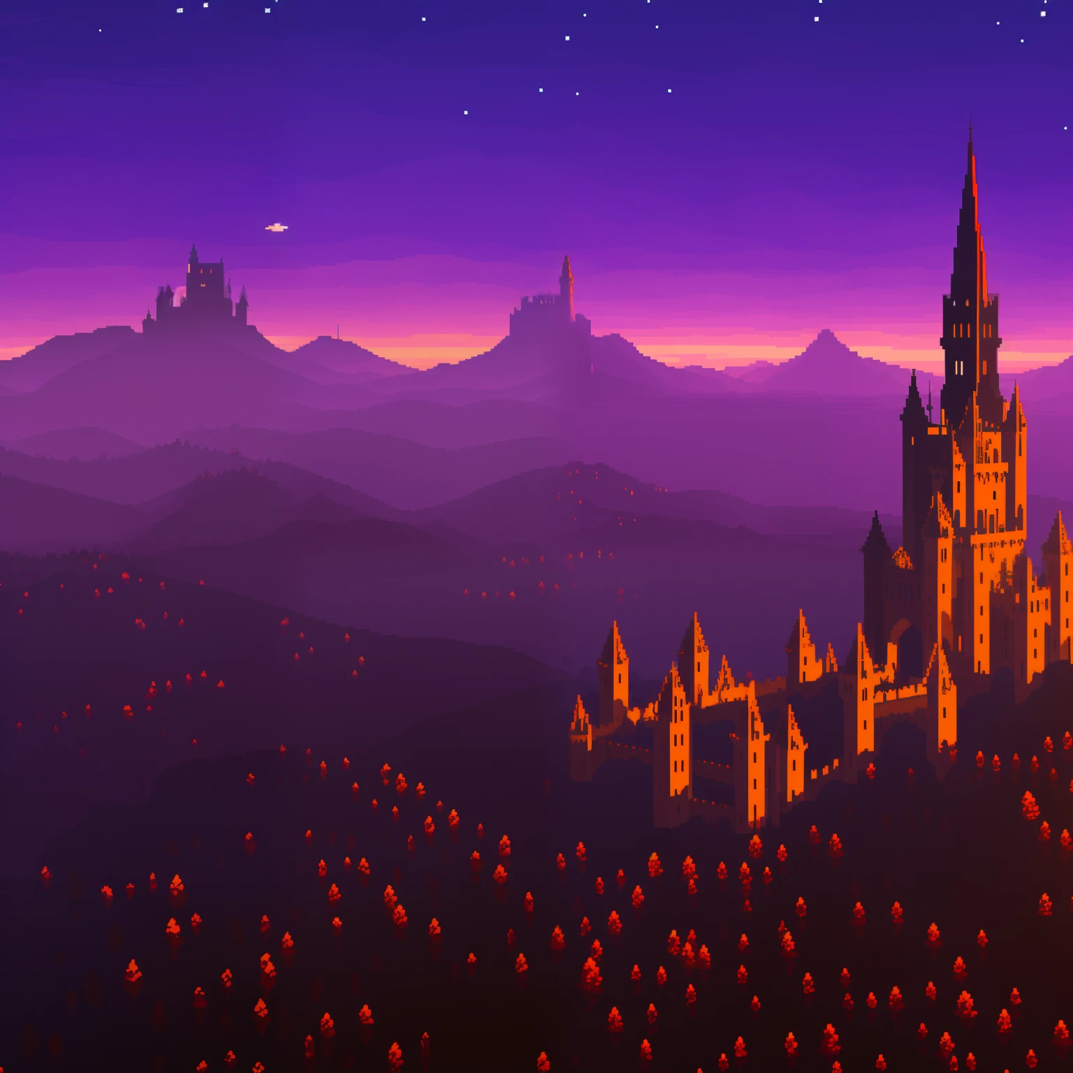 incredible fantasy landscape, gigantic ancient medieval castle, castle with only 3 towers, at night, ((pixel art)), masterpiece, tones of purple and black, view from above