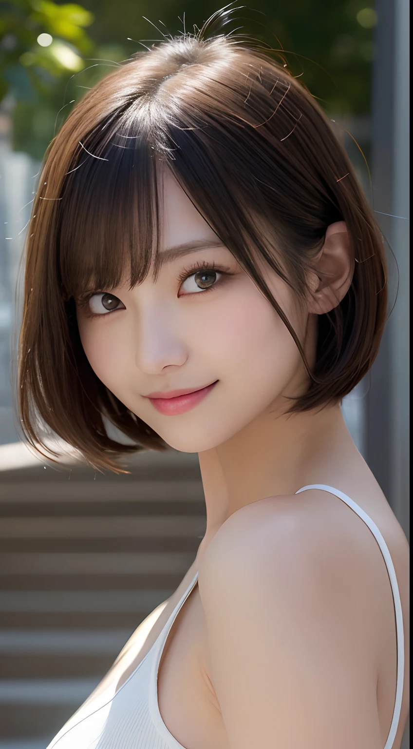 masutepiece, Best Quality, Illustration, Ultra-detailed, finely detail, hight resolution, 8K Wallpaper, Perfect dynamic composition, Beautiful detailed eyes,Short bob hair,Small breasts natural color lip, Bold sexy poses,Smile,Shibuya、20 years girl、Cute、Subject looking at sexy pose on camera,Gravure Model Pose