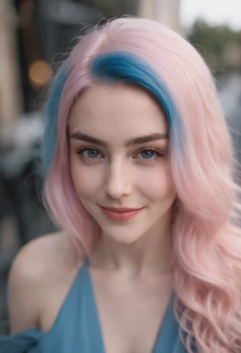 Close-up of KFUKVF-1990, Smiling, Blue and pink hair, a character portrait, Inspired by Cindy Sherman, unsplash, red and cinematic lighting, Portrait of a young girl, Fisheye lens portrait, XF35mm F1.5 seconds, ƒ/2.8, 35.0 mm, 1/200, ISO 500 certified