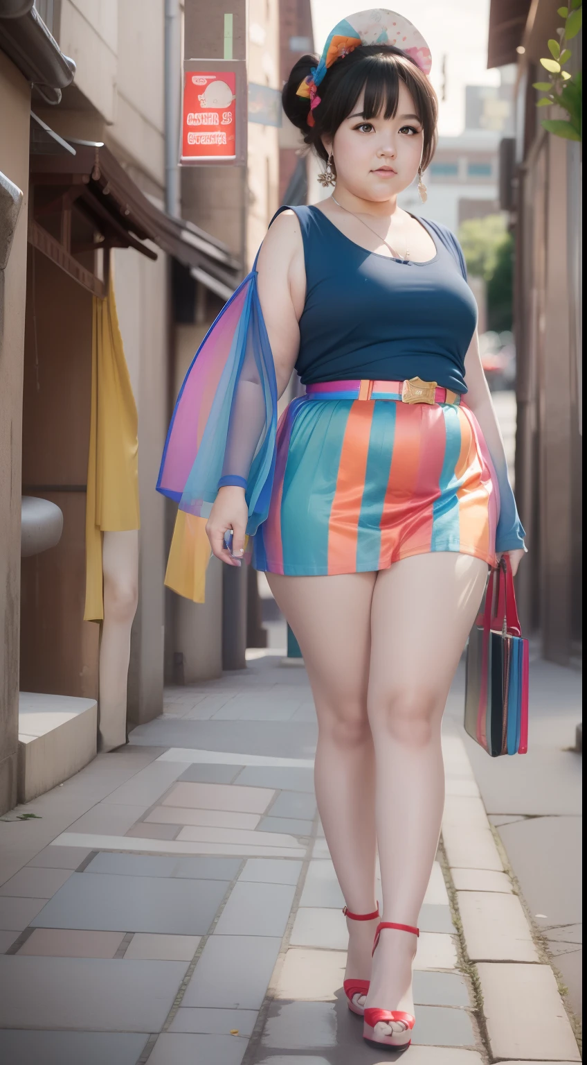 Photography chubby, Rainbow sleeveless T-shirt,Oversized beauty, short skirt, Long legs, red high heel pumps,and street photography ,Thick chubby body, symetrical composition, Third-person perspective, Quixel Megascans Render, Contre-Jour, Dreamy, Photorealistic, fantasy, Photoreal, cloisonne, Street photography,Full body photo