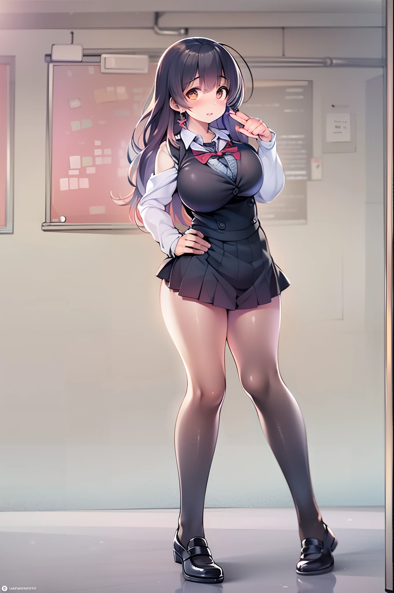(highres,masterpiece:1.2),1 girl, black school uniform, classroom, vibrant colors, soft lighting, realistic, portrait, thigh, chubby, big buttocks, huge breasts