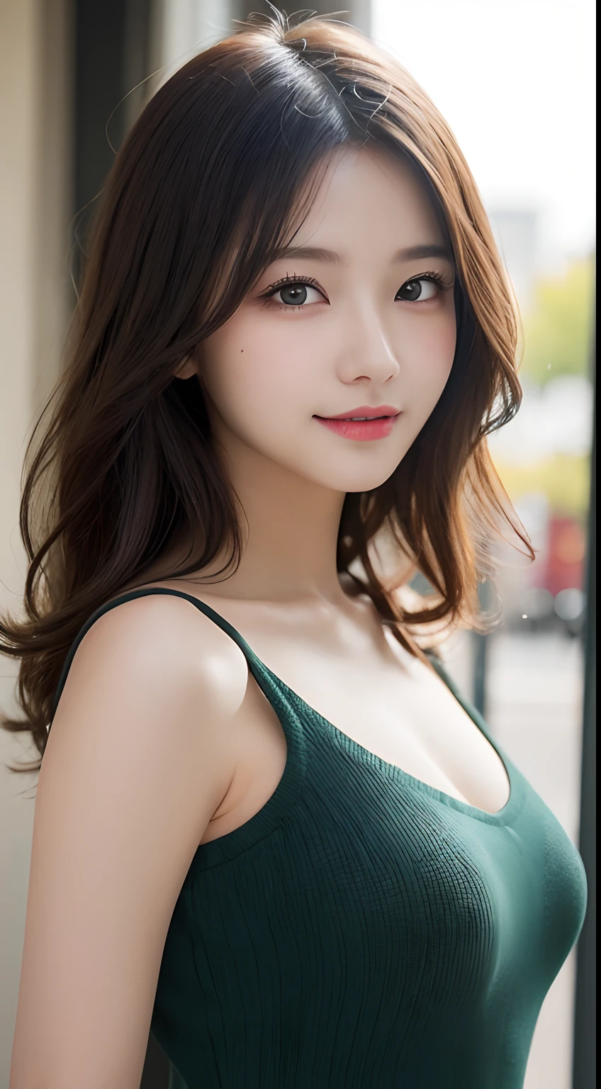 table top, highest quality, Photoreal, finely, High resolution, 8k wallpaper, perfect dynamic composition, detailed and beautiful eyes, medium hair, big and full breasts, random sexy poses,chest to chest、(tight green knitwear)、(Breast bulge 1.2)、laughter、open your mouth、resort scenery、24-years-old、(droopy eyes 1.4)、adult beauty、Japanese