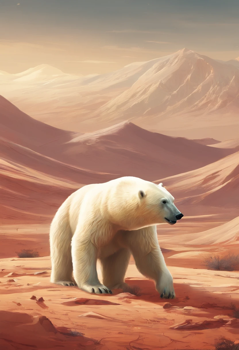 A polar bear eating spaghetti bolognese in a desert
