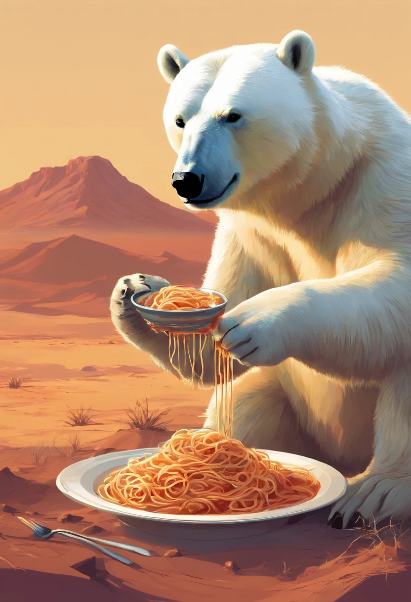 A polar bear eating spaghetti bolognese in a desert
