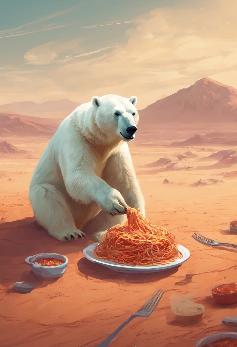 A polar bear eating spaghetti bolognese in a desert