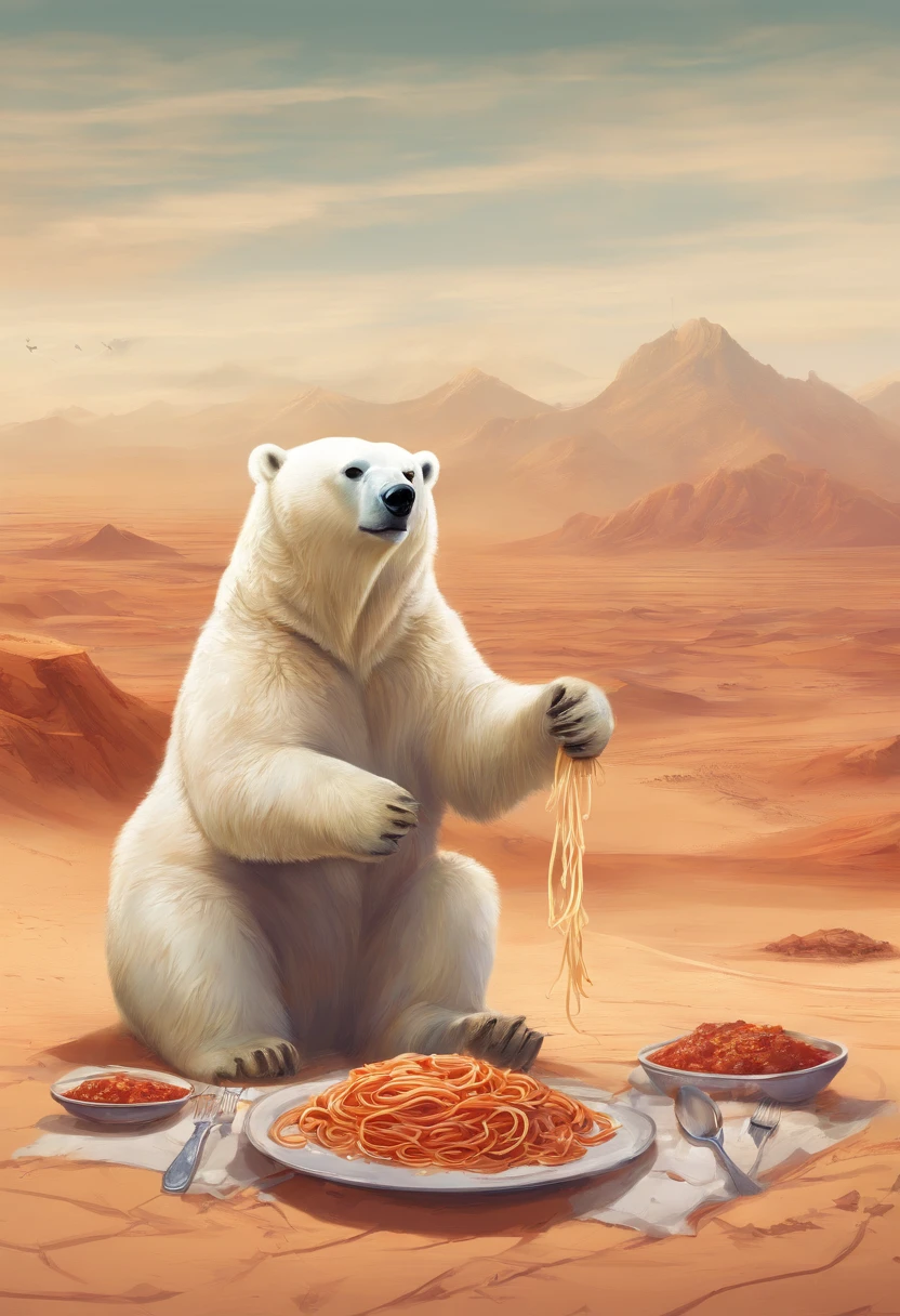 A polar bear eating spaghetti bolognese in a desert