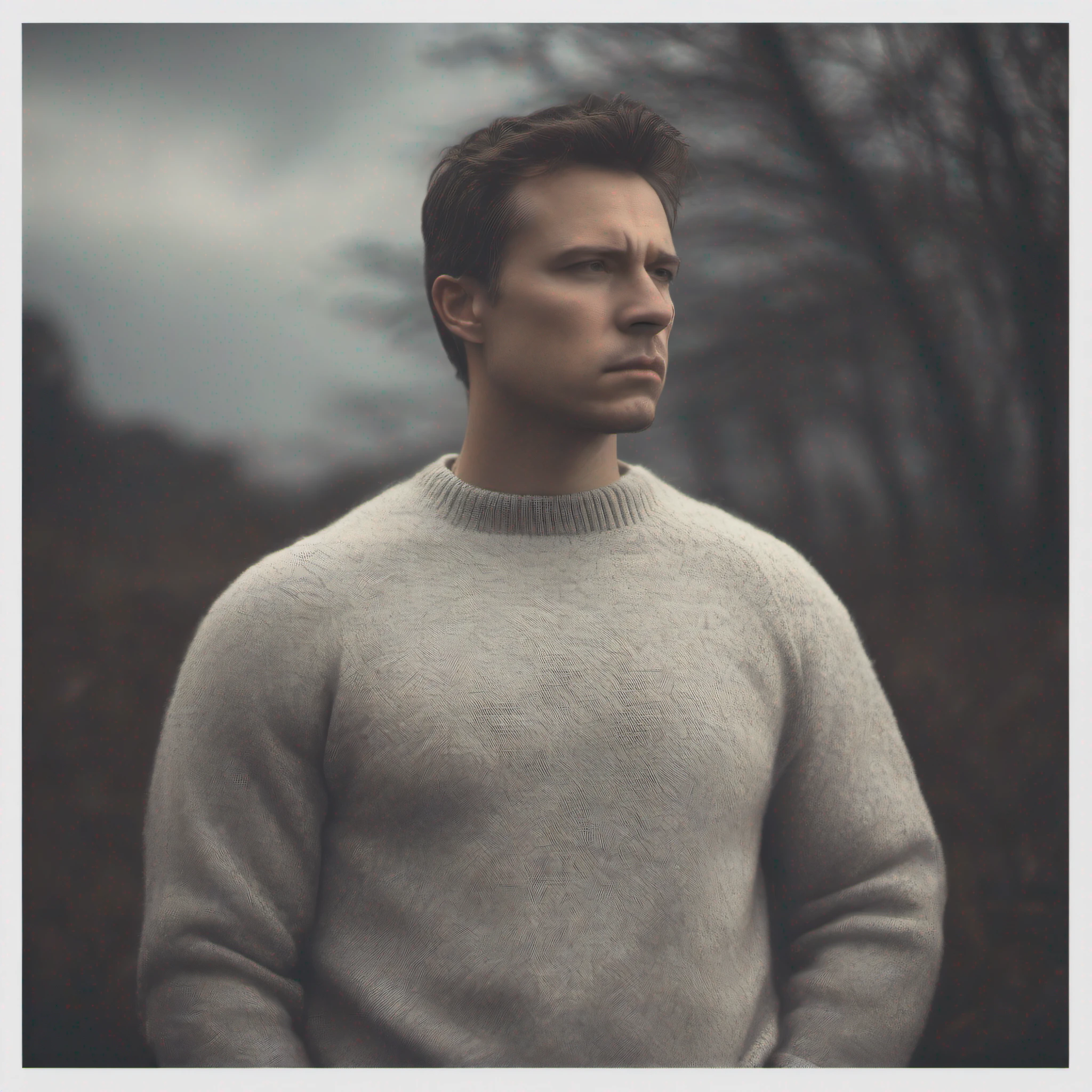 professional photo, photo of caucasian man, wearing black sweater, serious face, dramatic lighting, nature, gloomy, cloudy weather, bokeh