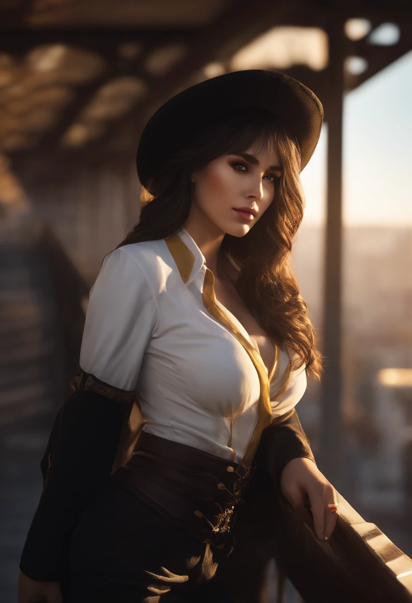 1girl, intricate detail, masterpiece, best quality, extremly detailed,cinematic lighting, beautiful detailed glow, finely detailed beautiful face and eyes, 8k, dark intense shadows, yellow eyes, medium hair, black hair, bangs, floating hair, black jacket, open jacket, white shirt, expressionless, yellow necktie, black skirt, spotlight, sunshine, sunrise, gradient sky, city, lens flare, cowboy shot, [[curvy]], [mature female]
