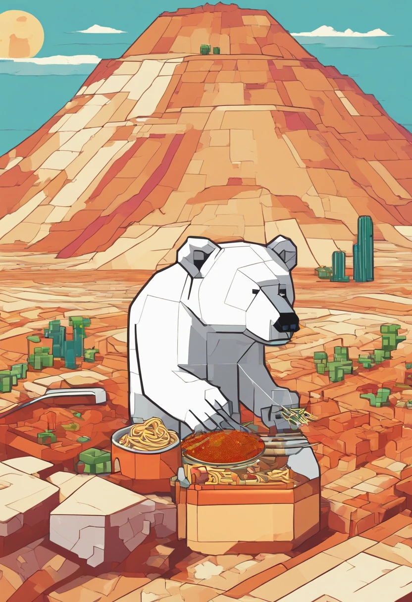 A polar bear eating spaghetti bolognese in a desert