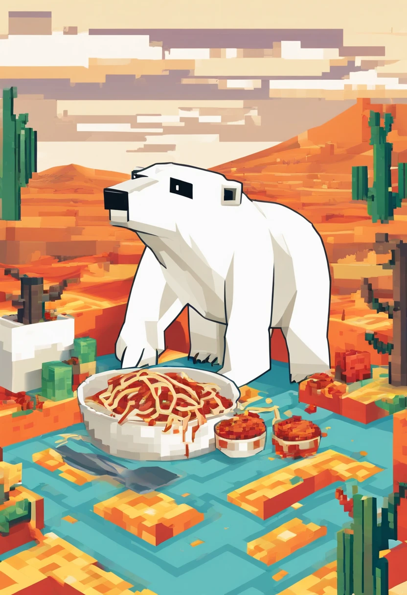 A polar bear eating spaghetti bolognese in a desert