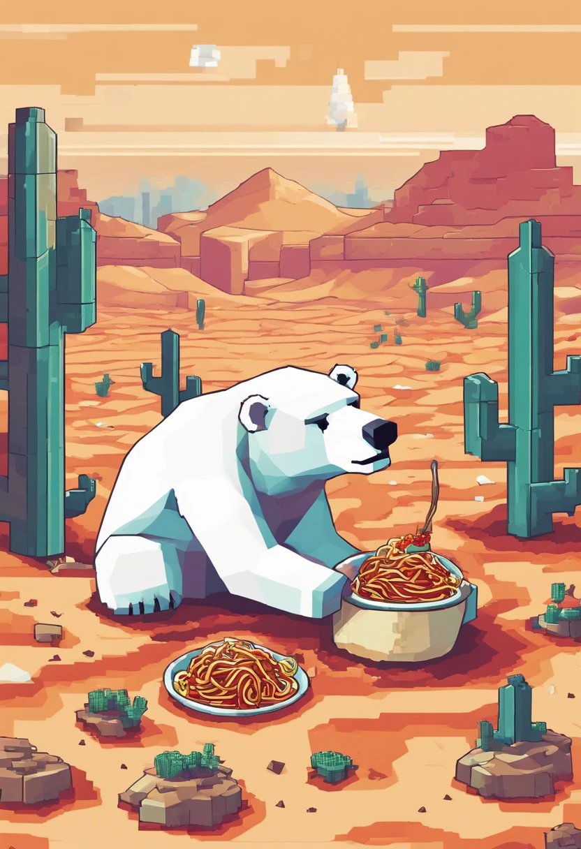 A polar bear eating spaghetti bolognese in a desert