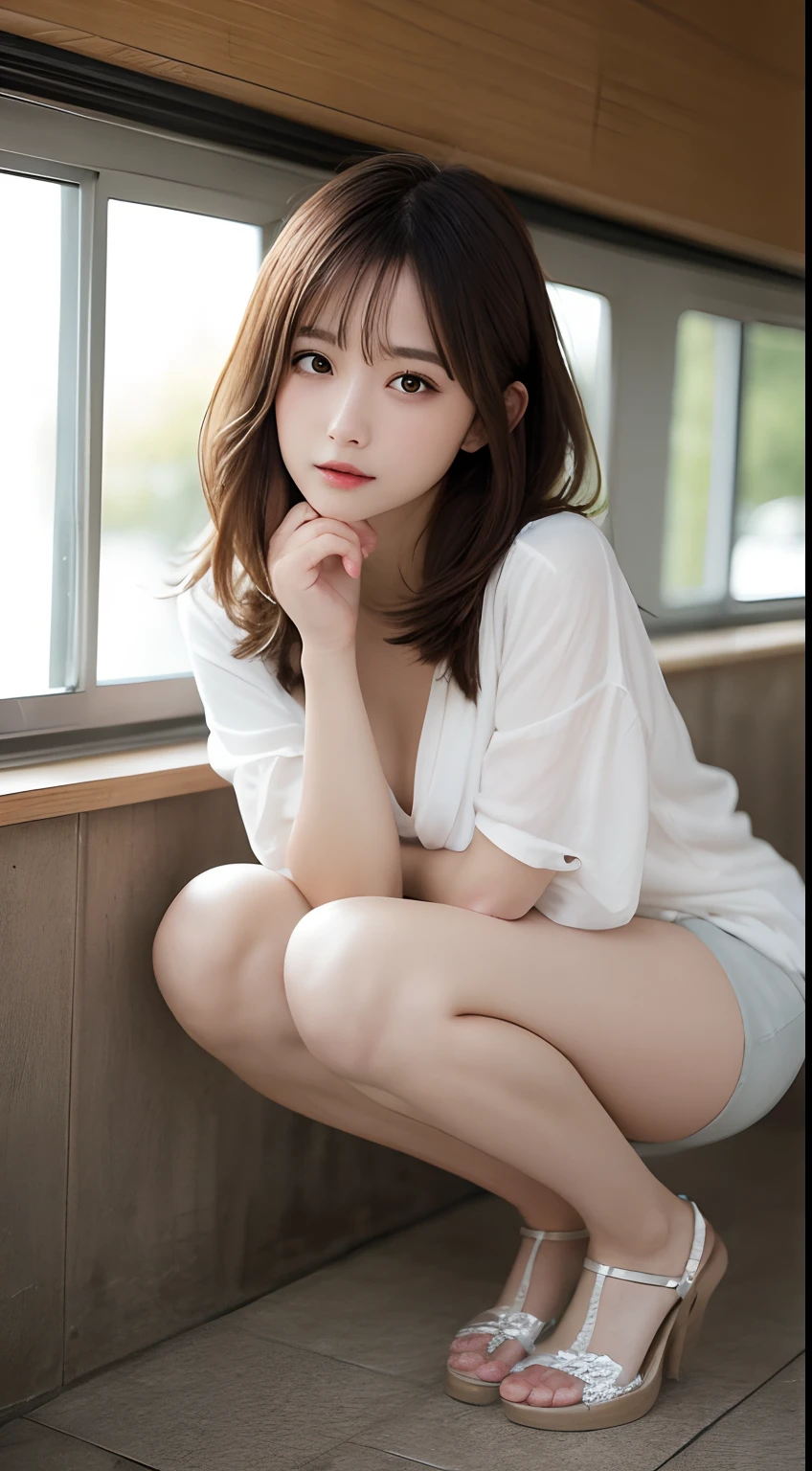 finely detail, hight resolution, hightquality、Perfect dynamic composition, Beautiful detailed eyes, Medium Hair, small tits、Natural Color Lip,Kamimei、Shibuya、20 years girl、1 persons、Transparent skin、Glowing hair、masutepiece, Best Quality, Illustration, Ultra-detailed, finely detail, hight resolution, 8K、The correct state of the human body、crouching down、Gravure Model Pose，Hair soaring in the wind