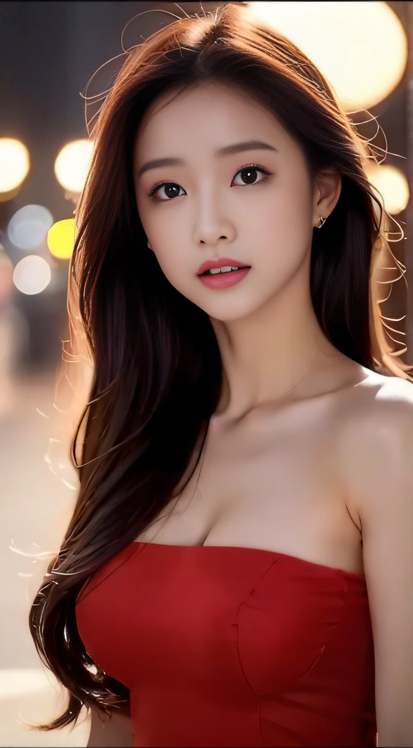 top-quality。8K-Picture。Ultra-high pixel。The background is the city at night。girl with。hair is long and slightly wavy,,,,,,,,,,,,,,,,,,,,,,,,,,,,,,,,,,,,,,,,,,,,,,,,,,,,,,,,,,,,,,,,,,,,,,,,,,,,,,,,,,,,,,,,,,,,,,,,,,,,,,,,,,,,,,,,,,,,,,,,,,,,,,。The color is dark brown。Glamour style、(((huge-breasted:1.8)))。wearing red dress、Photos dancing brilliantly。Delicate finish overall。The body line is gorgeous。legs are long、Wear red high heels。((Hair shines like a reflection of the street。The eyeball reflects the surrounding landscape。The skin is wet with night dew))。Almost perfect woman。((time々In close-up of the upper body))。The second highlighted part々I want you to express it in close-ups。(((Extra Big Beauty:1.8)))。