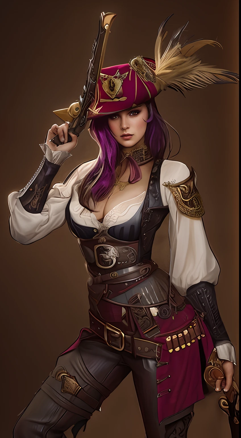 Foto, 4k, HDR, Una mujer disfrazada de pirata sosteniendo una pistola y un sombrero, Capitana Pirata, Pirata clase Swashbuckler, Mujer Pirata, fantasy character art, Reina Pirata, Impresionante arte de personajes, epic exquisite character art, por Yang J, Hermosa pintura de personajes, Arte de personajes RPG, epic fantasy character art, beautiful rogue lady, Arte Steampunk de alta calidad, Steampunk hermosa mujer