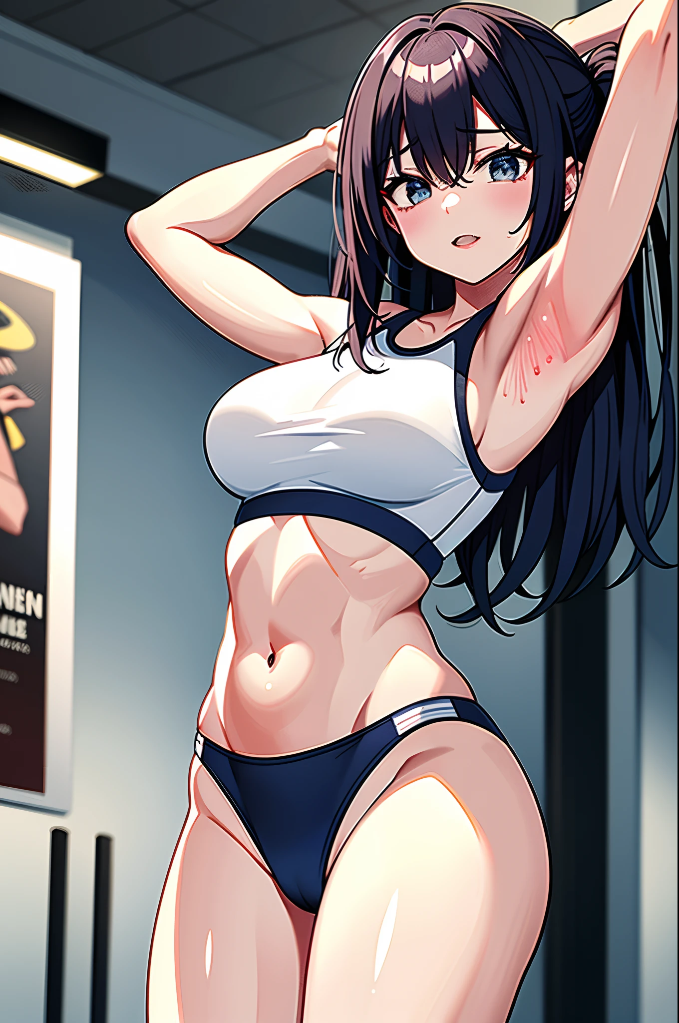 Her eyes shone like stars、Curvaceous but slender、Muchimuchi Body、Separate Wear、(top-quality、hight resolution、8k、​masterpiece:1.2)。Beautiful muscular woman、I train during training sessions at a muscle training facility。She lifted the barbell forcefully or、Lifting dumbbells or、or pull-ups、Push-ups、abdominals、backbone、squatt、We are doing training such as headstanding.。Muscles are trained arms and back、Stand out on the legs。Her sweat is a testament to hard work、The contours of the muscles are beautifully revealed.。The light in the training room gives her skin a soft glow.、Her dedication and determination are felt。Posters of bodybuilding competitions and celebrity quotes are pasted on the walls of the gym.、She's pushing her limits。