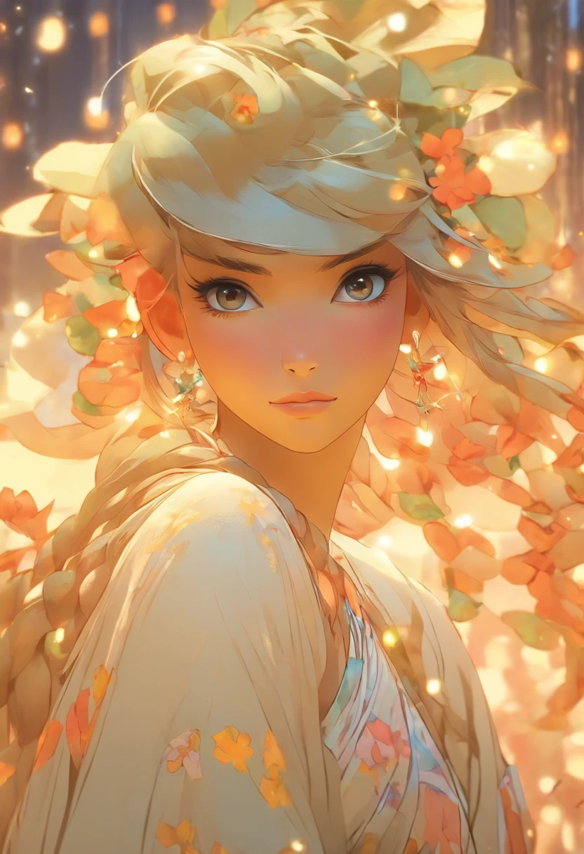 masterpiece、top-quality、hight resolution、High-quality images、8K、Silver metallic、grayscales、skin gloss、Texture of skin and clothing、detaileds、portlate、Detailed eye expression、Lustrous hair、poneyTail、Braided hair、full body Esbian、dong、spear、evening primrose、by mucha、