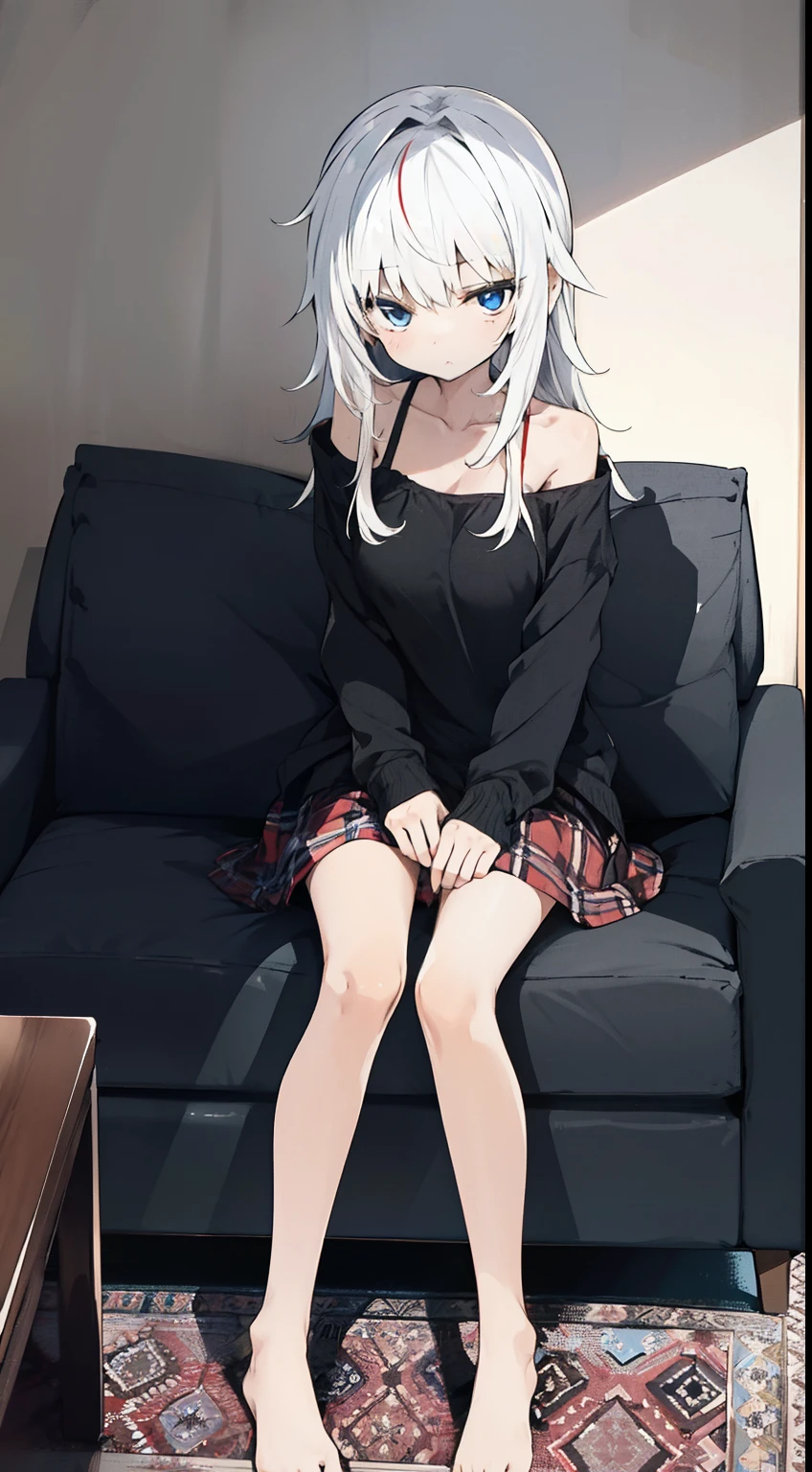A girl, white hair and blue eyes, long hair, wearing a casual cloth, sitting in the living room, cute, badass