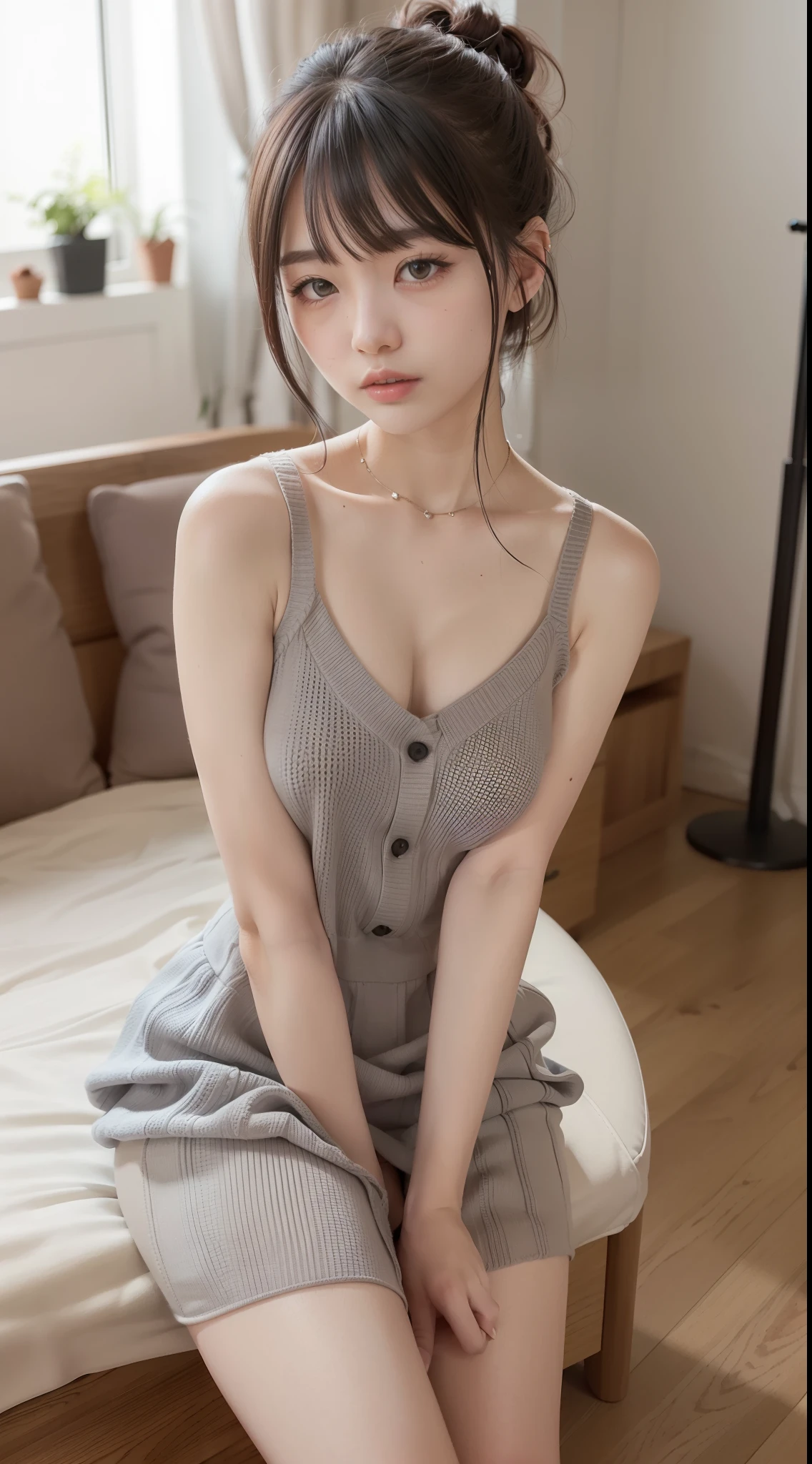 (Super masterpiece、Ultra-realistic、An ultra-high picture quality、超A high resolution、Raw photography、ultra hi definition photo、Super Sharp Focus)、(10-person shared room)、(Triangular sitting、sofa)、(25-years old、Fair-skinned and beautiful Japan girl)、(Super beautiful idol face、二重まぶた、Chignon Hair、Blackish hair color、Ultra-slender body type、Gray shoulder miniskirt dress、Black knitted tights、Thin leg、thin arm)