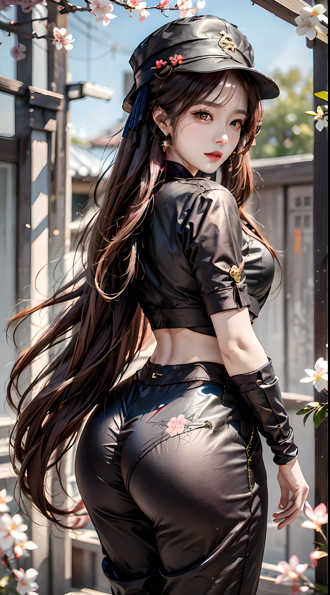 photorealistic, high resolution, 1women, mature female, solo, hips up, hu tao(genshin impact), hat, red eyes, twintails, brown hair, solo, long hair,bangs, black shorts , chinese clothes, cherry blossom, back view