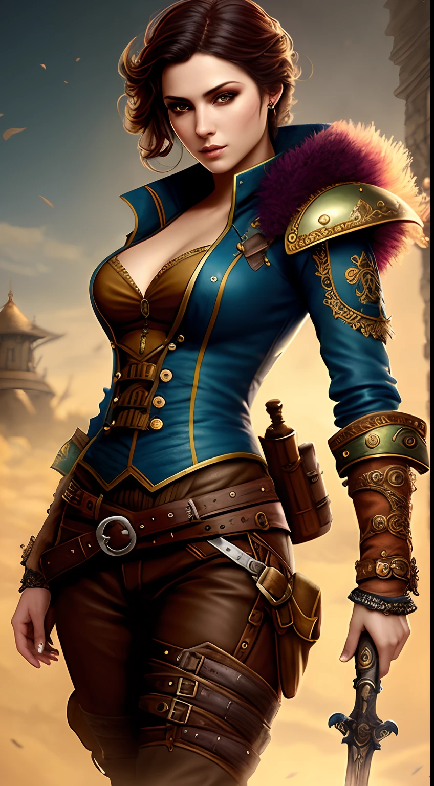 Foto, 4k, HDR, Una mujer disfrazada de pirata sosteniendo una pistola y un sombrero, Capitana Pirata, Pirata clase Swashbuckler, Mujer Pirata, fantasy character art, Reina Pirata, Impresionante arte de personajes, epic exquisite character art, por Yang J, Hermosa pintura de personajes, Arte de personajes RPG, epic fantasy character art, beautiful rogue lady, Arte Steampunk de alta calidad, Steampunk hermosa mujer