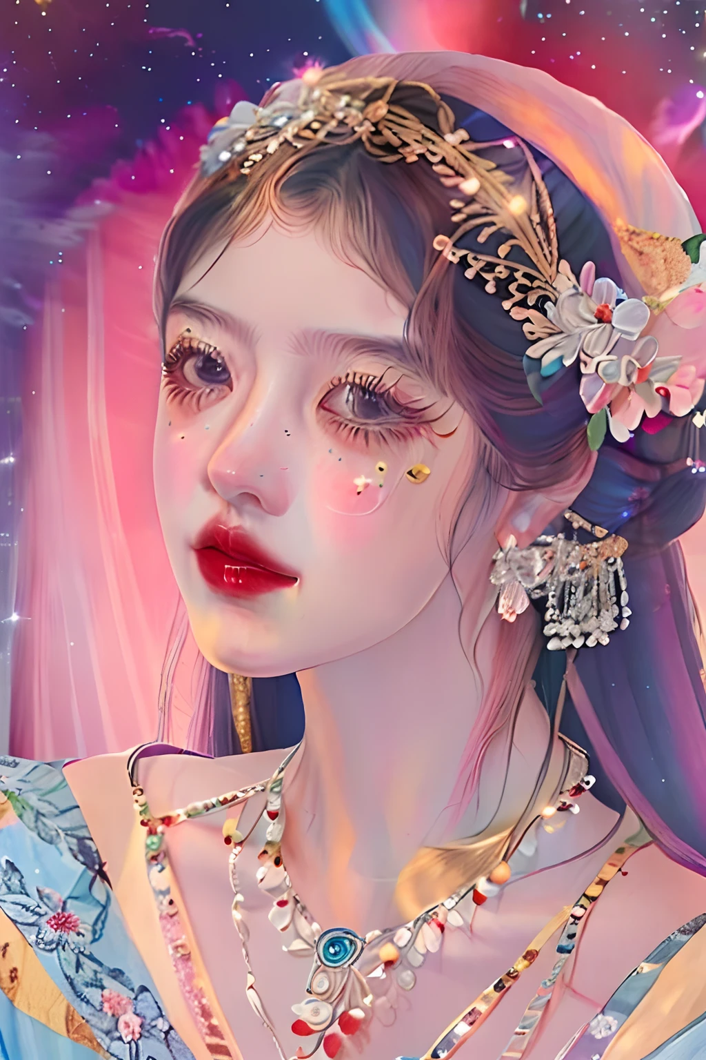 high detailing, Super Detail, 超A high resolution, Girl enjoying her time in the galaxy of dreams, surrounded by stars, Warm light sprinkled on her, Starry sky with colorful galaxy and galactic clouds in the background, Stars flying around her, Delicate face, Add a playful atmosphere , ●V6 6 flowers、Maiko、Kimono、Turn around、the whole、full body Esbian、Overall view、Gorgeous red kimono、Sister sitting、Full body like、The whole picture
