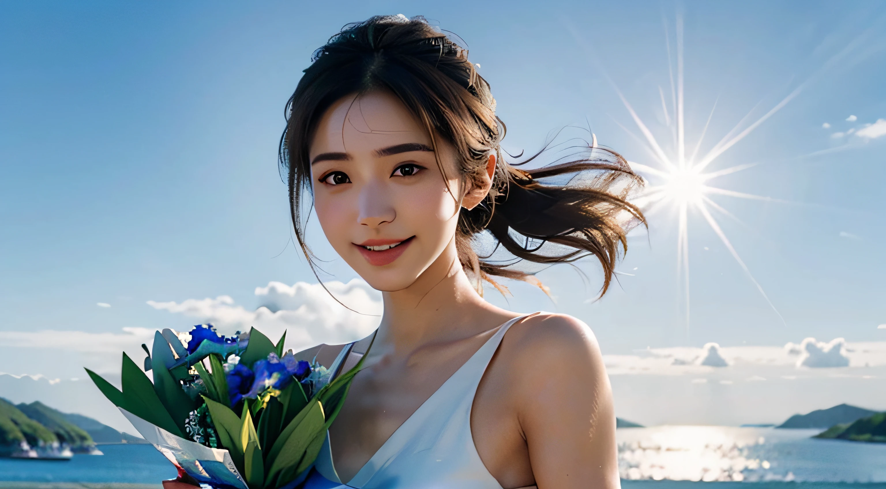 top-quality、8k picture、(masutepiece), (Best Quality), (Ultra-detailed),(Best Shadow:0.4), (Best Illustration), (Very delicate and beautiful face、Precise eyes and nose), Photorealistic, Dramatic Lighting, finely detail, 1girl in, Solo, NSFW,Navel naked,Slim body、(Shioi:1.5), (shioichan:1.5), L word, Radiant Beach, Detailed scenery, Blue sky, white clouds, Sunlight, Diffraction spikes, Walking, (finely detailed iris), Smile, :D, Short ponytail, (tanline:1.3), foot out of frame, holding flower bouquet, Holding, dark brown eyes