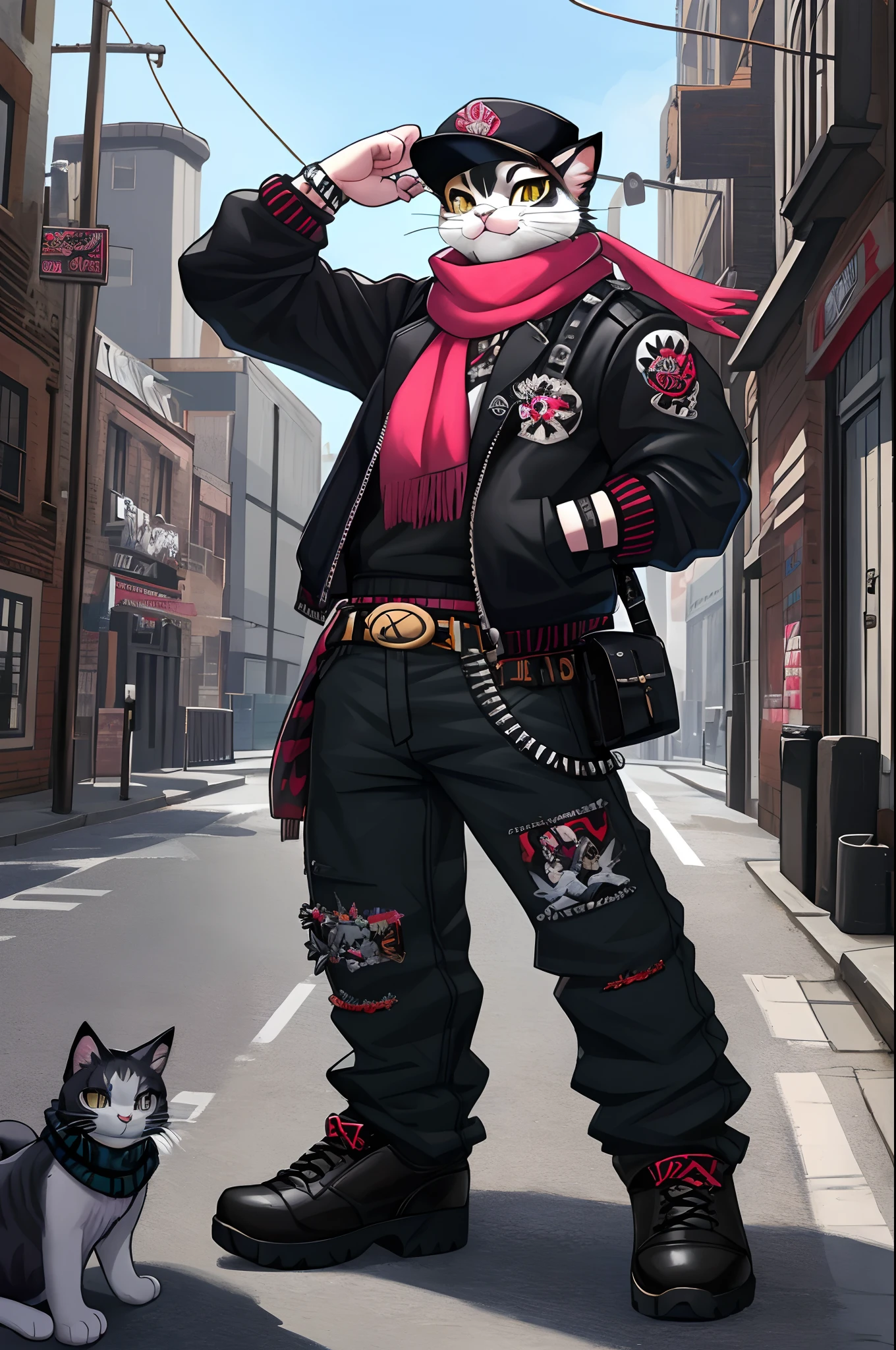a painting of a cat wearing a hat and scarf, trending in the art station, dressed in punk clothes, detailed hyper realistic rendering, british gang member, street style, intimidating pose, planet of the cats, clothes with fashion, urban samurai, meow, west slavic features, 8 1 5