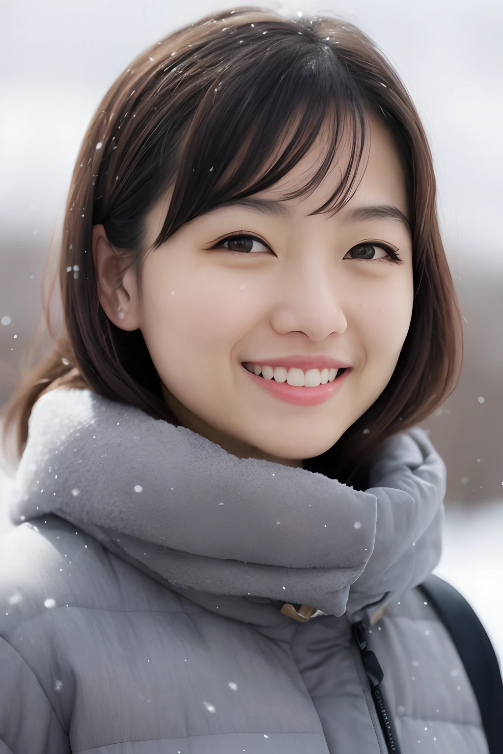 Arafed Asian woman in a grey jacket and scarf smiling, warm and gentle smile, Joven y adorable rostro coreano, young cute wan asian face, Linda actriz coreana, chica linda-fina-cara, warm smile, sonriendo dulcemente, leve sonrisa linda, sonrisa suave, Hermosa cara de chicas japonesas, Hermosa cara sonriente, hermosa cara sonriente, con cara linda - fina -