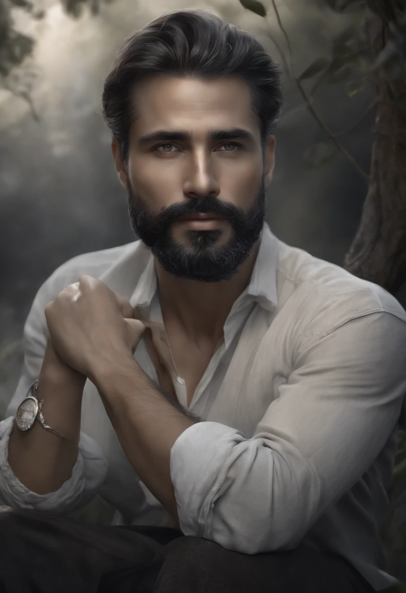 (best quality,4k,8k,highres,masterpiece:1.2),ultra-detailed,(realistic,photorealistic,photo-realistic:1.37), serene, ink painting and watercolor, depicts a man with a small beard and tied hair, serene appearance, peaceful demeanor, tranquil background, classic style, black and white tones, serene lighting, delicate strokes, detailed facial features, peaceful atmosphere