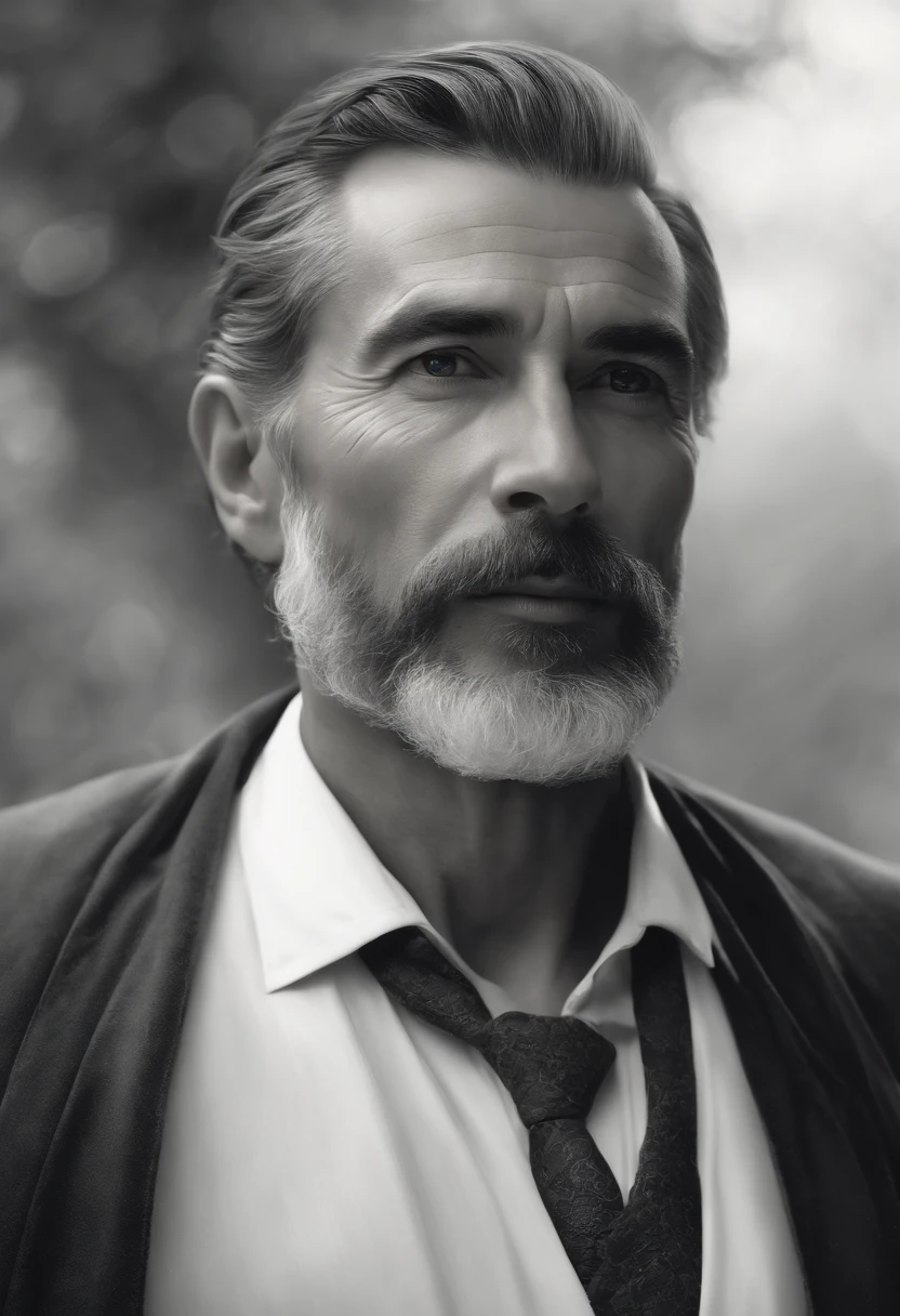 (best quality,4k,8k,highres,masterpiece:1.2),ultra-detailed,(realistic,photorealistic,photo-realistic:1.37), serene, ink painting and watercolor, depicts a man with a small beard and tied hair, serene appearance, peaceful demeanor, tranquil background, classic style, black and white tones, serene lighting, delicate strokes, detailed facial features, peaceful atmosphere